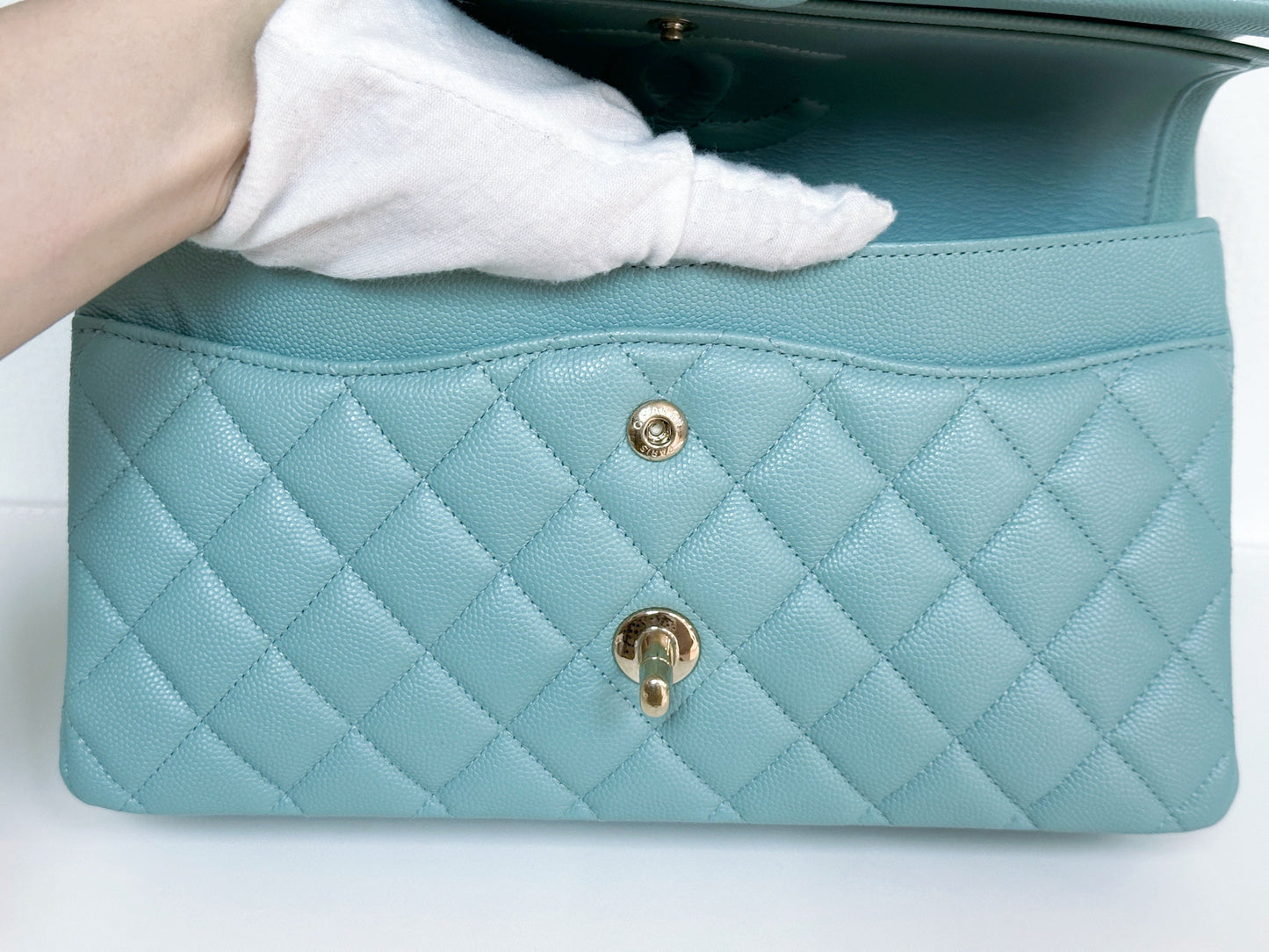 Chanel Classic Flap Medium 20C Tiffany Blue Caviar Light Gold Hardware 2943 holo card