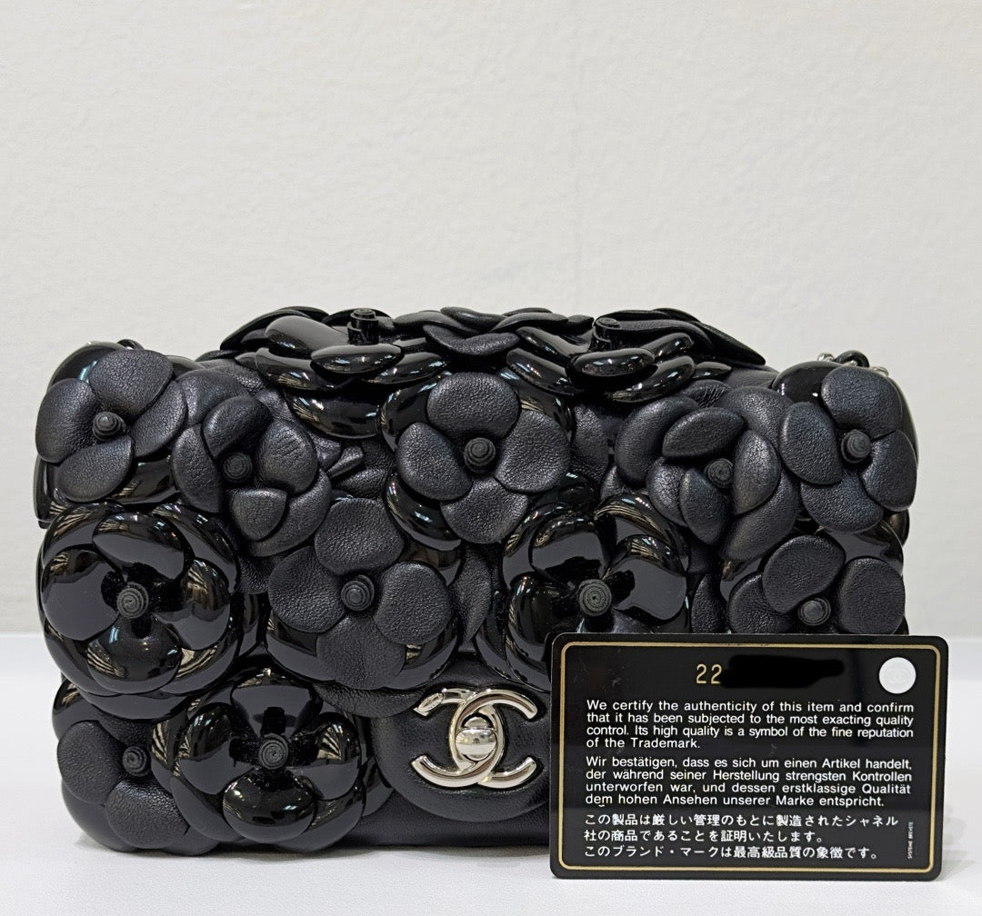 Chanel Mini Limited Edition Black Camellia Lambskin Flap Bag