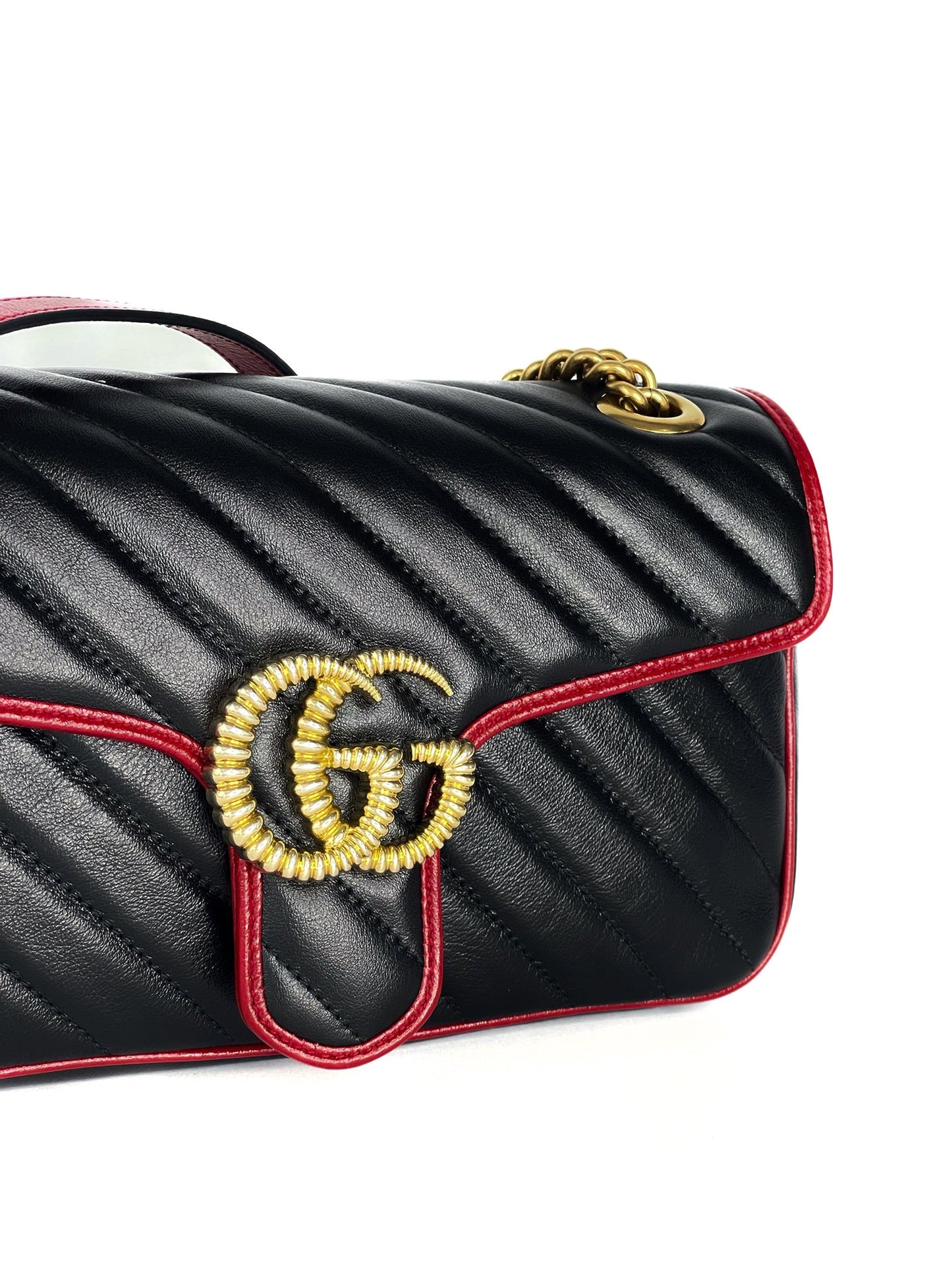 Gucci Calfskin Matelasse Diagonal Small Torchon GG Marmont Shoulder Bag Black Romantic Cherry