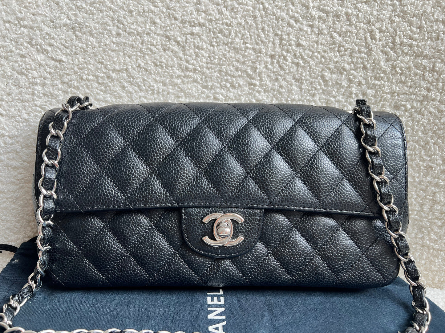 Chanel East West Flap in Black Caviar Silver Hardware