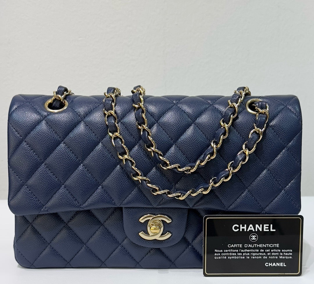 Chanel Medium Classic Caviar Double Flap Navy Blue Bag LGHW