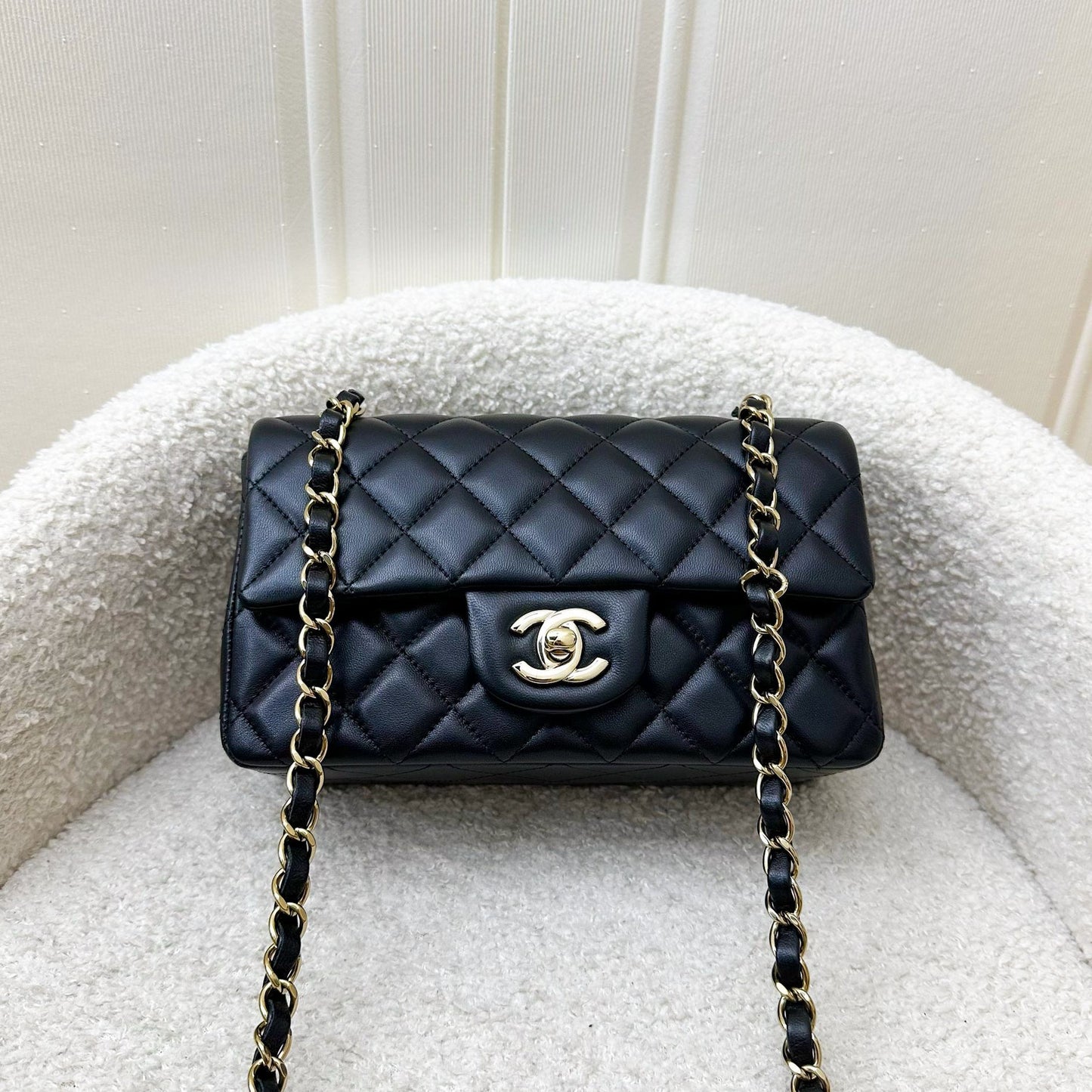 Chanel Classic Mini Rectangular Flap in Black Lambskin and LGHW