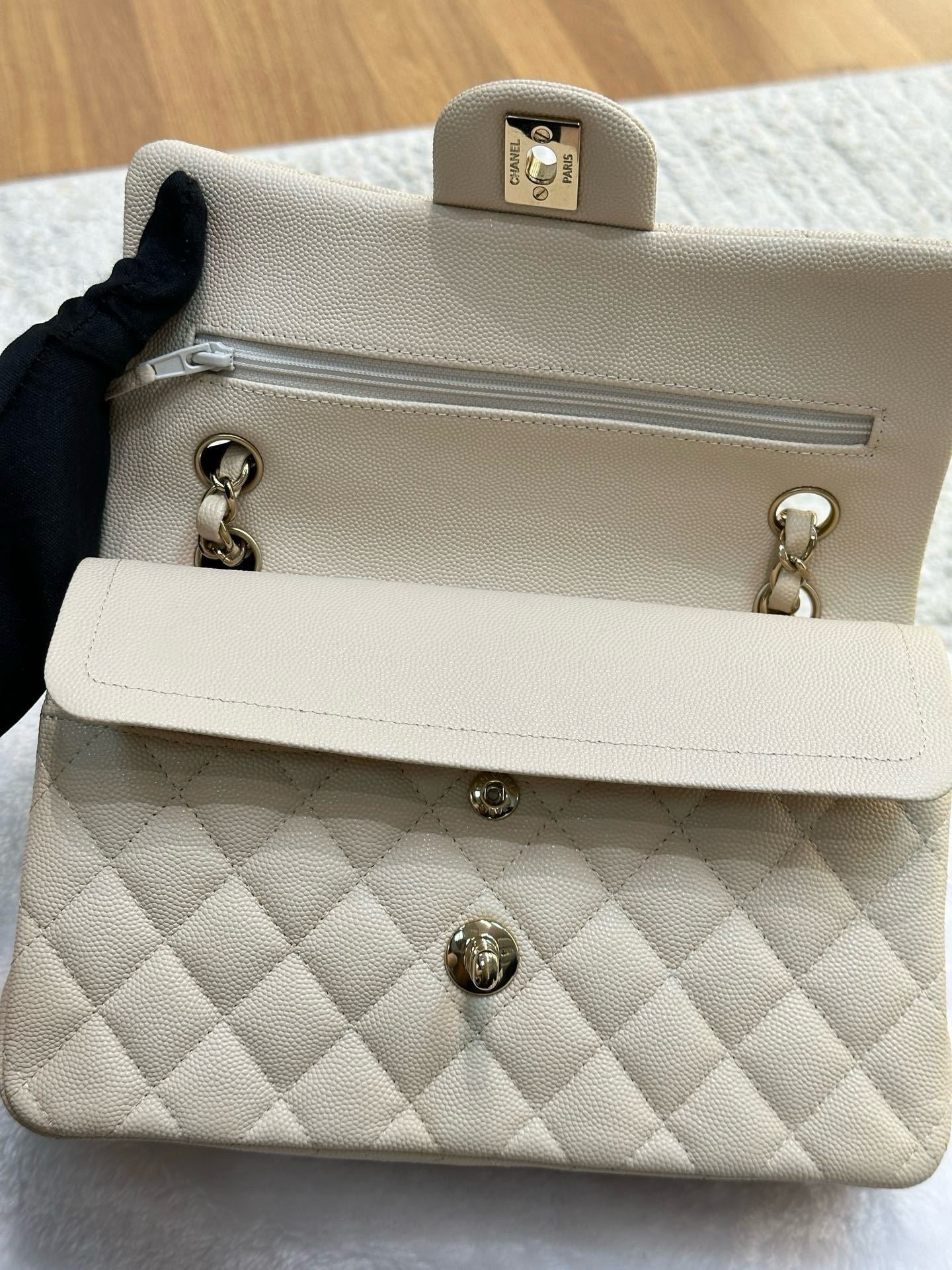 Chanel Small Classic Quilted Double Flap Ivory Light Beige 20C LGHW