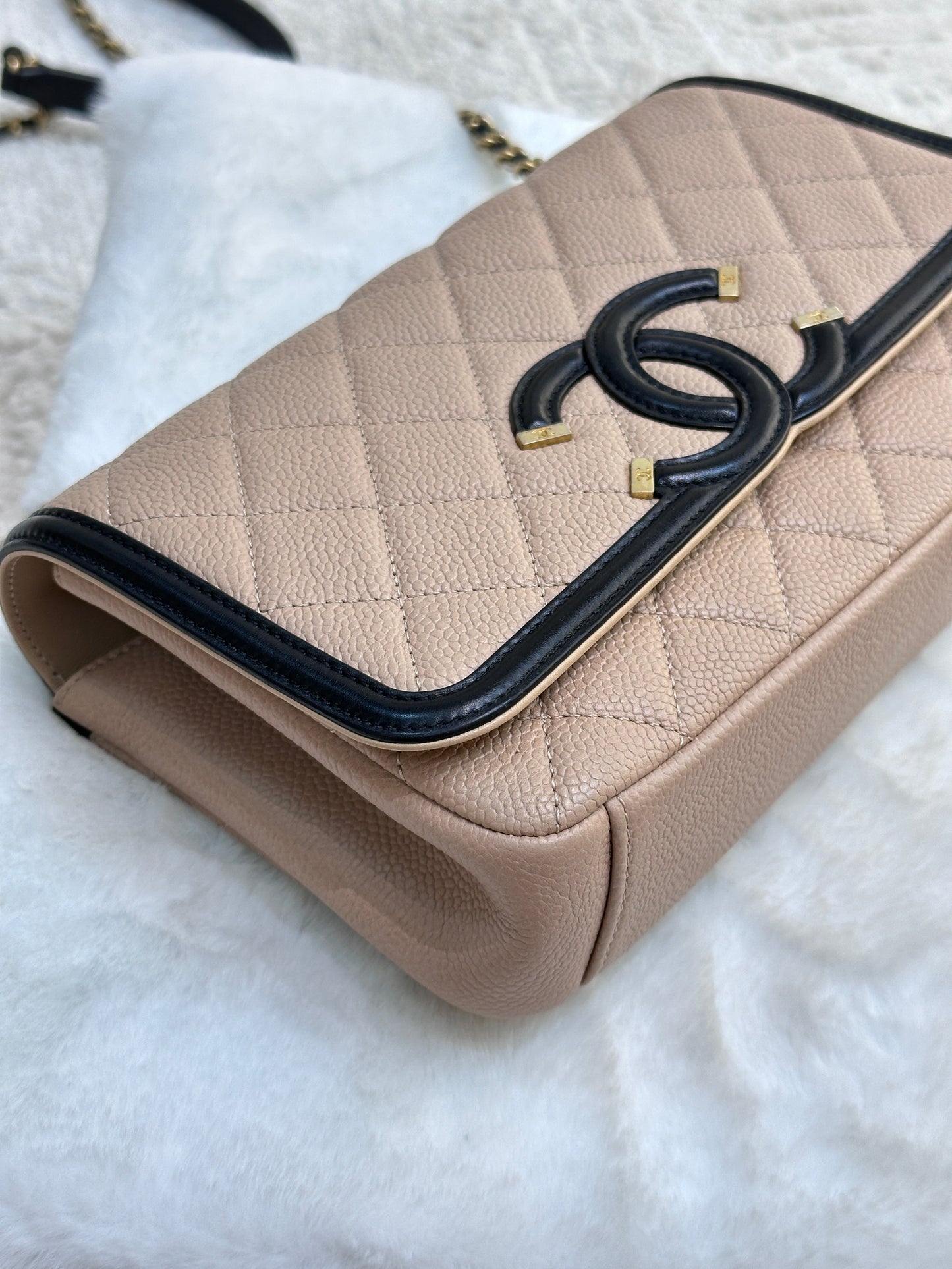 Chanel Small Caviar Quilted CC Filigree Flap Beige Black