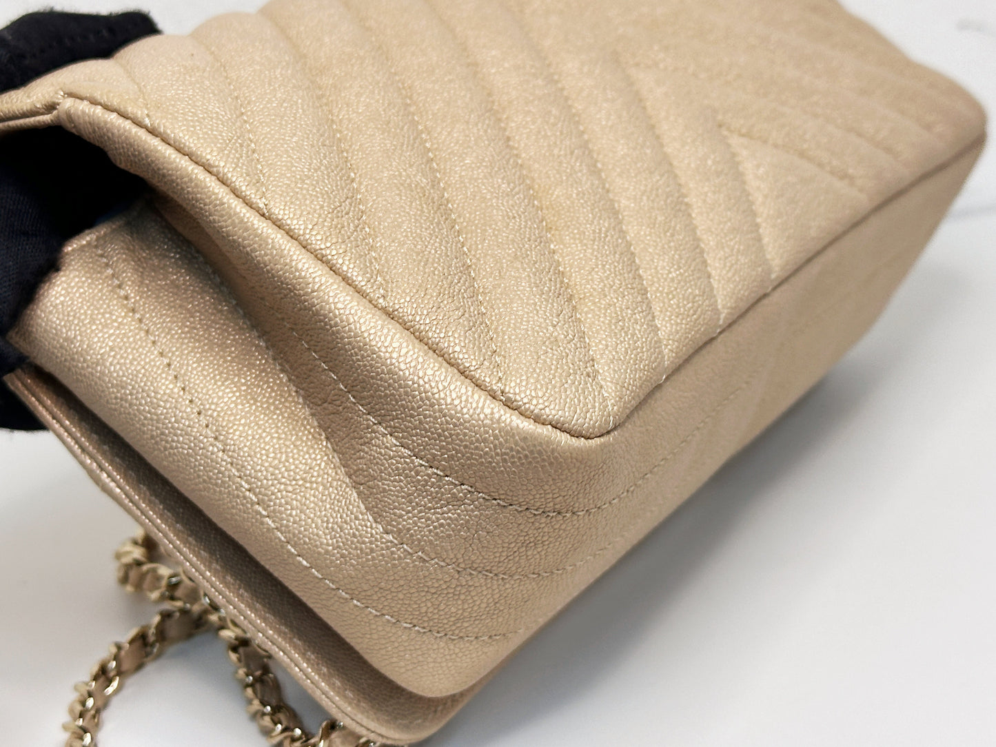 Chanel Mini Statement Metallic Caviar Chevron Quilted Flap Beige LGHW 2835 holo card