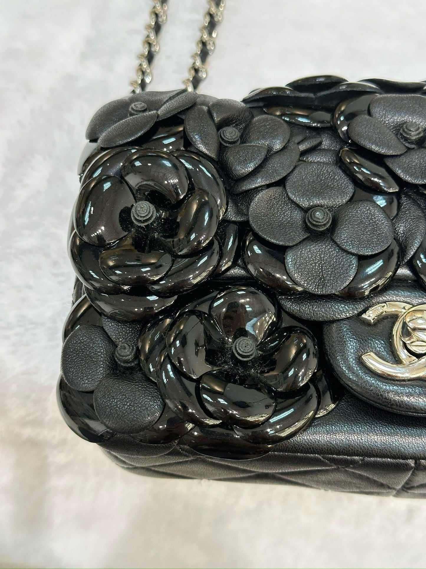 Chanel Mini Limited Edition Black Camellia Lambskin Flap Bag