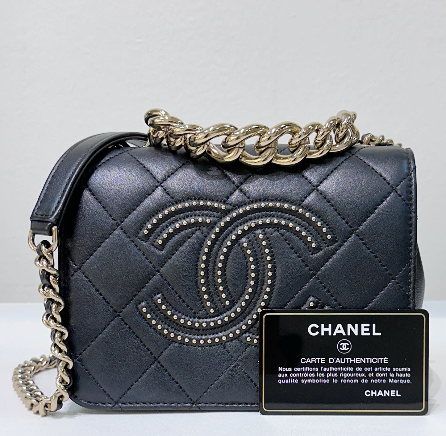 CHANEL Lambskin Quilted Studded Beauty Begins Flap Black