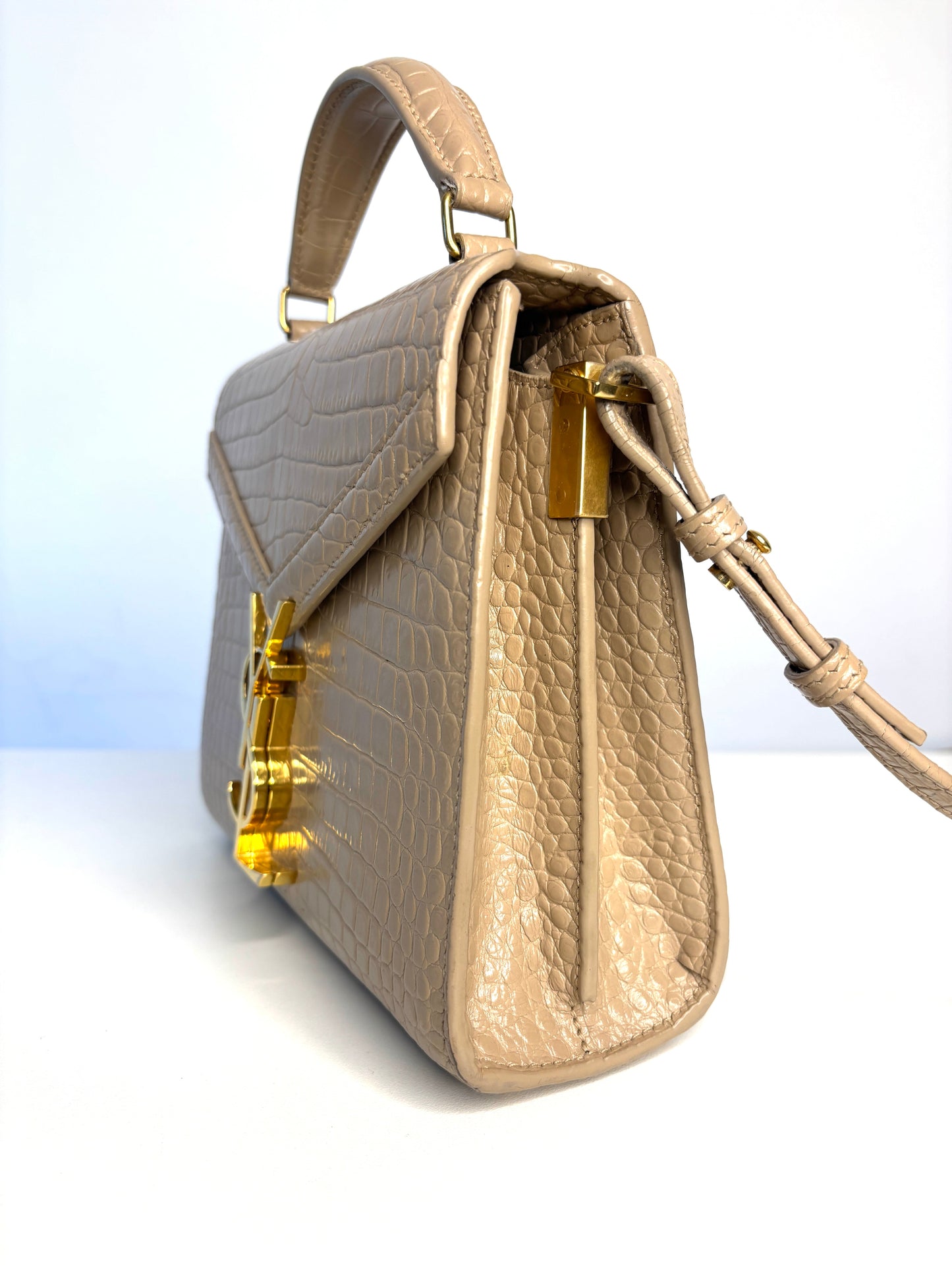 Saint Laurent YSL Crocodile Embossed Mini Classic Monogram Cassandra Nude Top Handle Bag