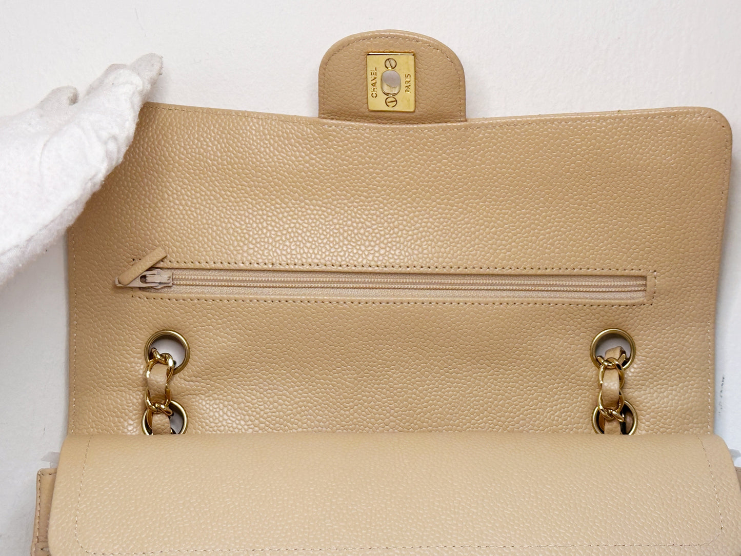 Chanel Medium Caviar Classic Double Flap Bag Beige 2552 holo card