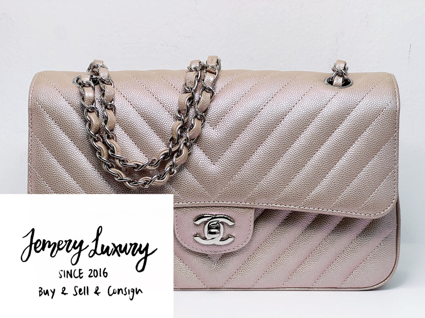Chanel Medium Classic Chevron Caviar Double Flap Rose Gold SHW 24769 holo card