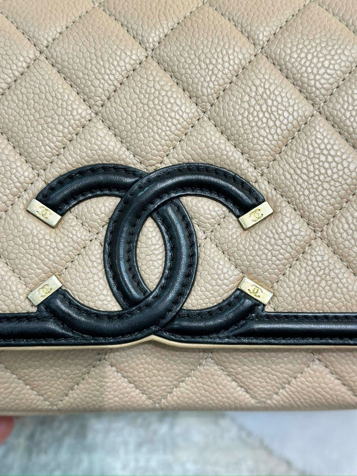 Chanel Small Caviar Quilted CC Filigree Flap Beige Black GHW