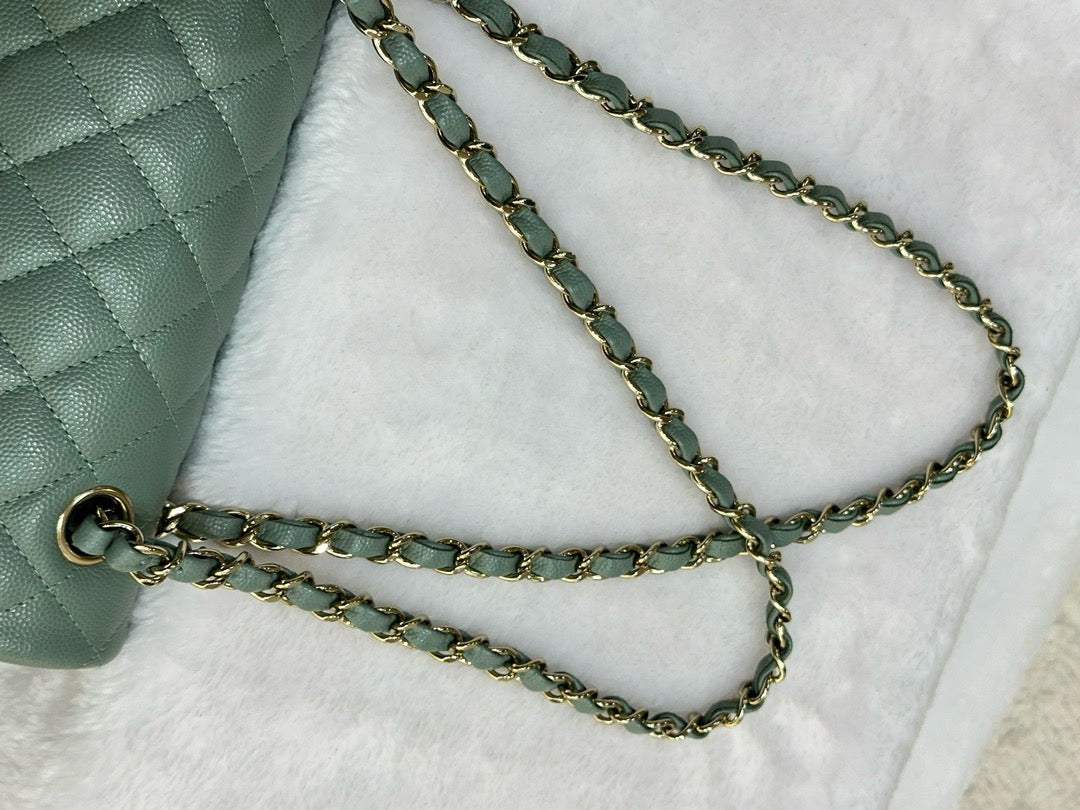 Chanel Small Caviar Quilted Double Flap Dark Green 22C