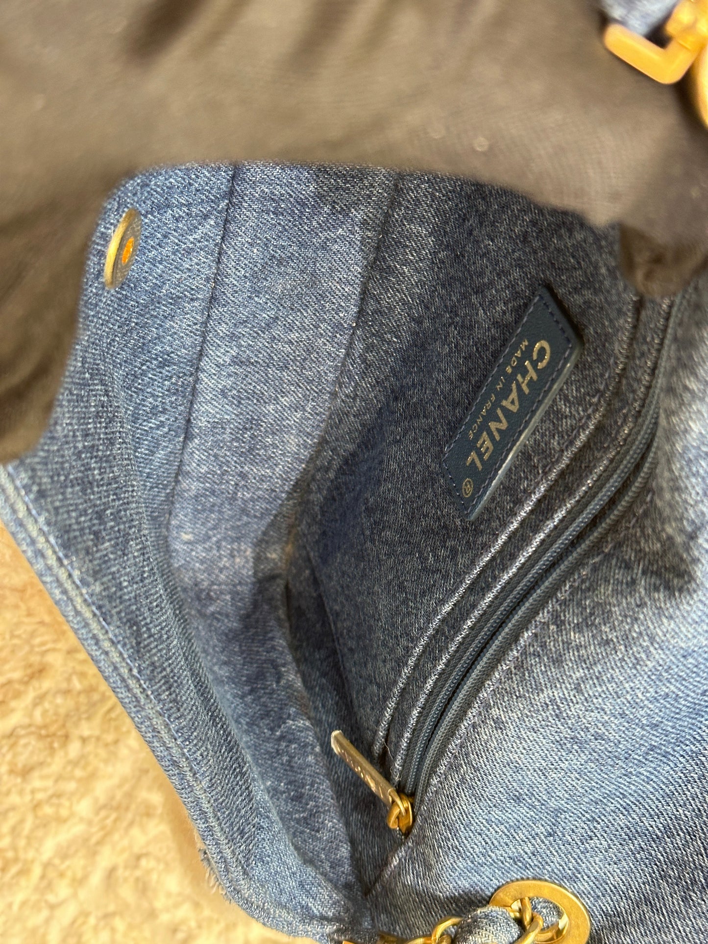 CHANEL Denim Shearling Hieroglyph Flap Blue