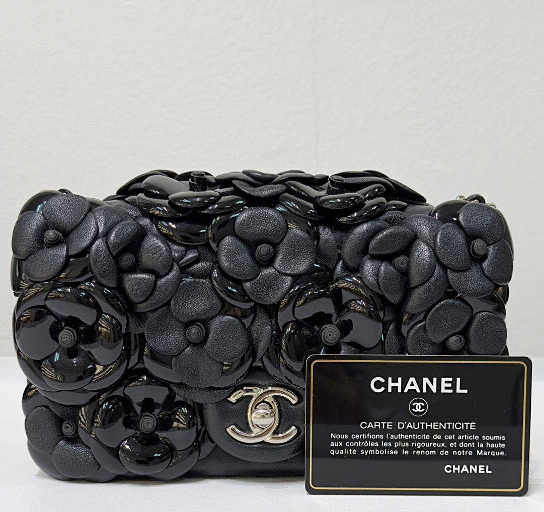 Chanel Mini Limited Edition Black Camellia Lambskin Flap Bag
