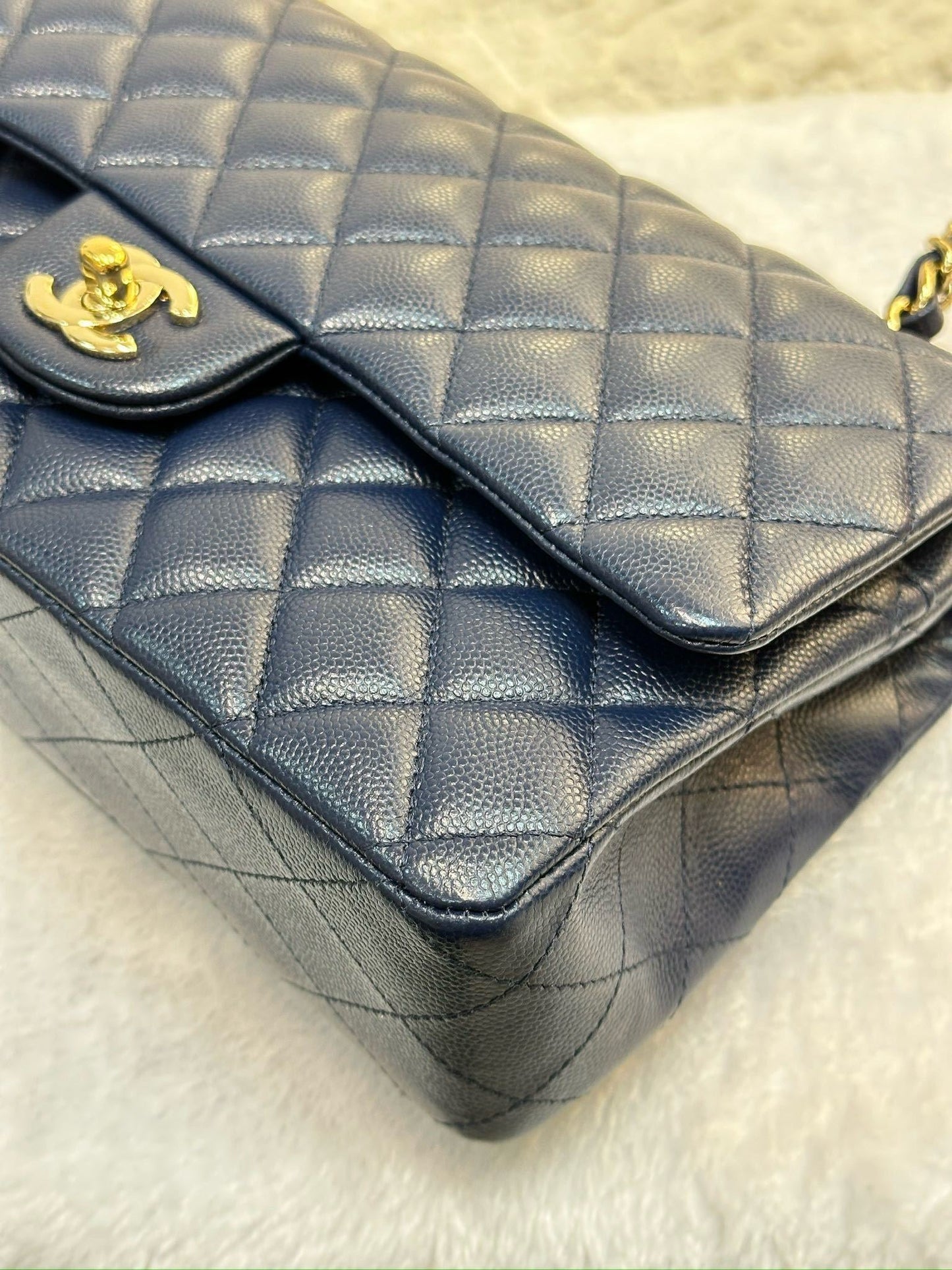 Chanel Medium Classic Caviar Double Flap Navy Blue Bag LGHW