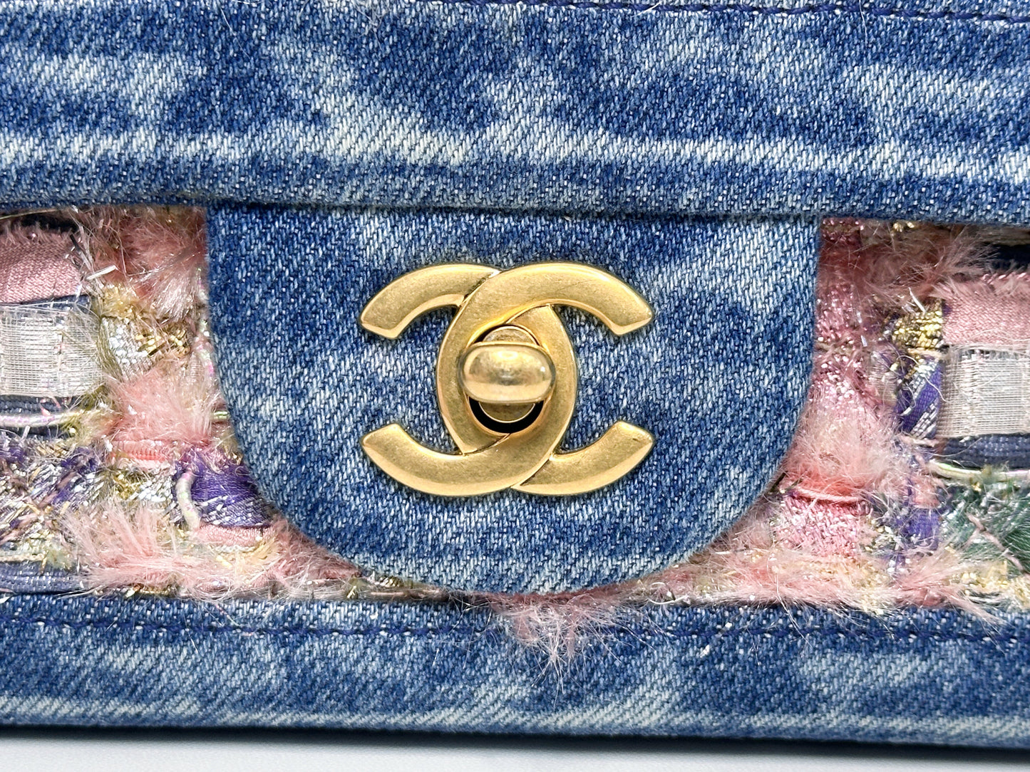 Chanel Pink, Silver, and Gold Tweed and Denim Medium Classic Double Flap Gold Hardware, 2016