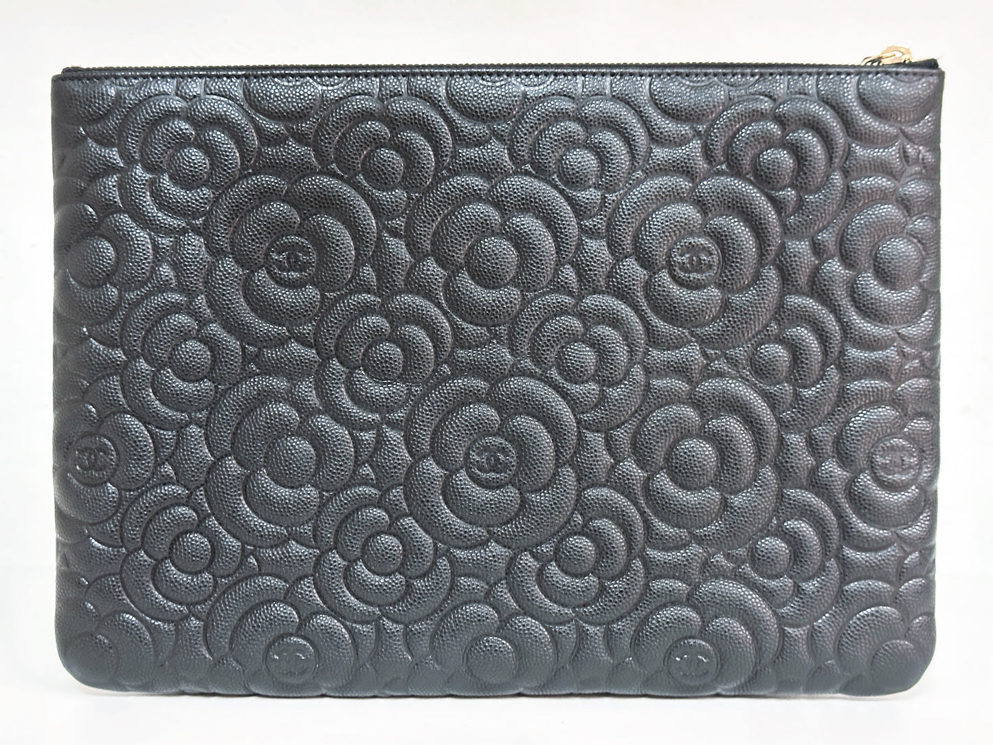CHANEL Caviar Camellia Embossed Medium Cosmetic Case Black 2285 holo card