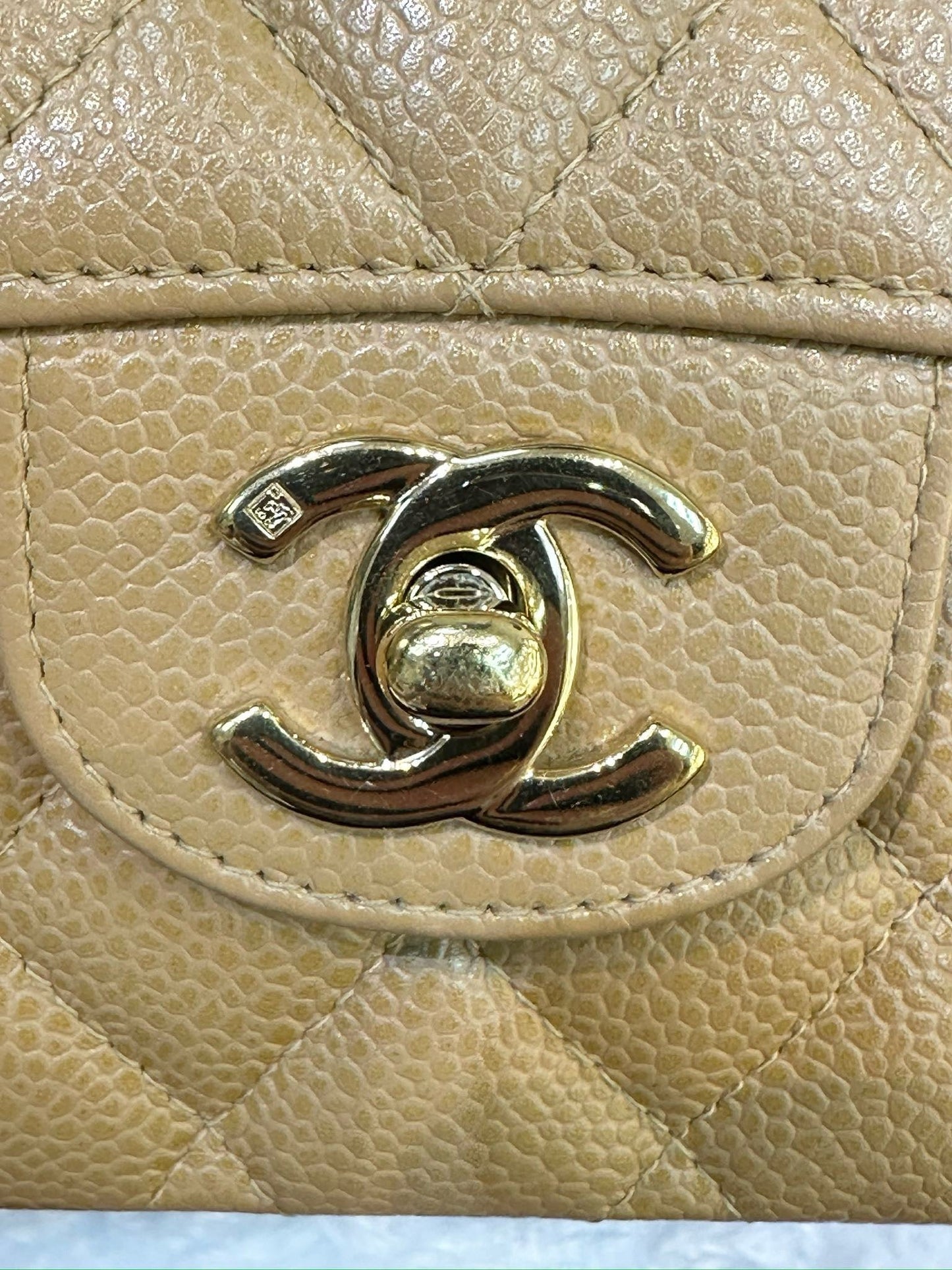 Chanel Medium Caviar Quilted Double Flap Beige Bag 866 Holo