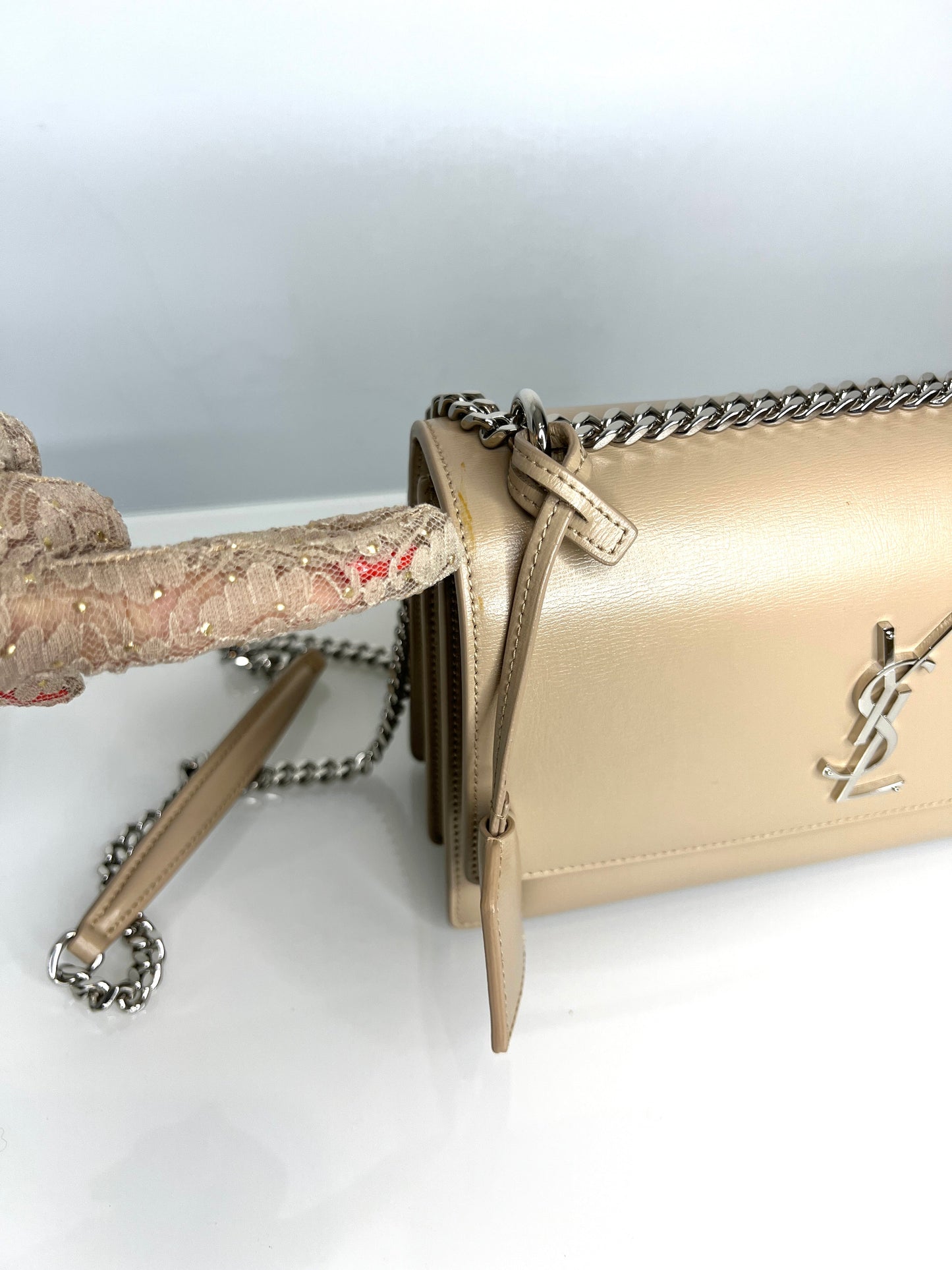 Saint Laurent YSL Sunset Medium Beige Chain Crossbody Shoulder Bag