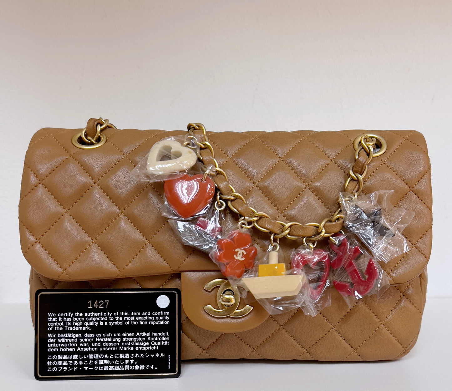 Chanel Lambskin Valentine Charms Small Flap Beige 1427 holo card