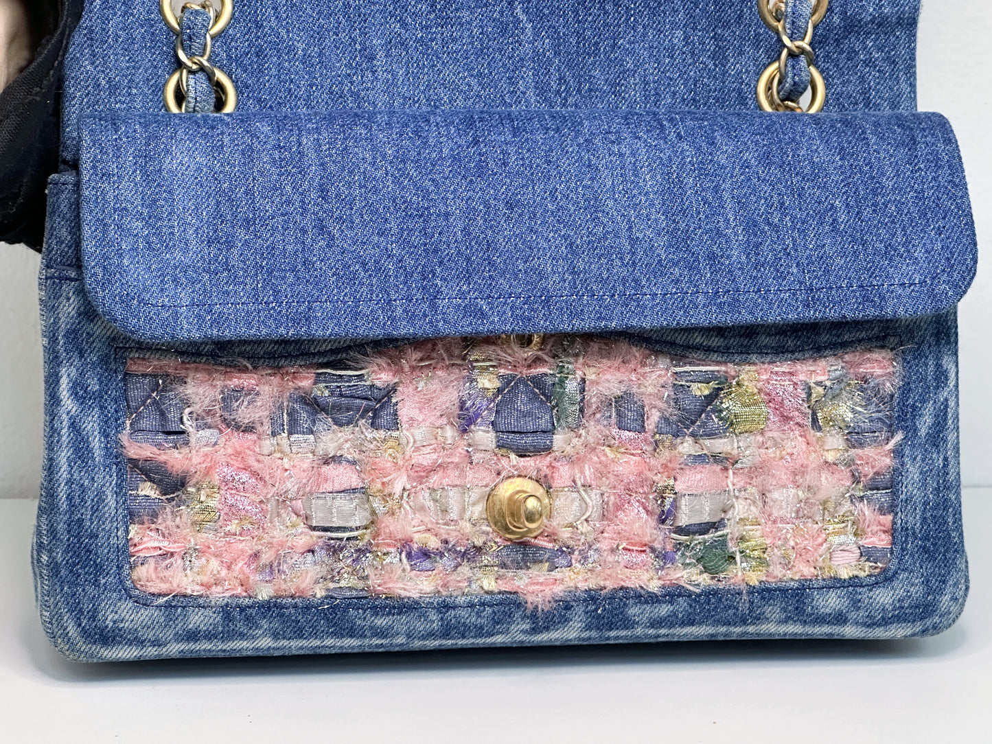 Chanel Pink, Silver, and Gold Tweed and Denim Medium Classic Double Flap Gold Hardware, 2016