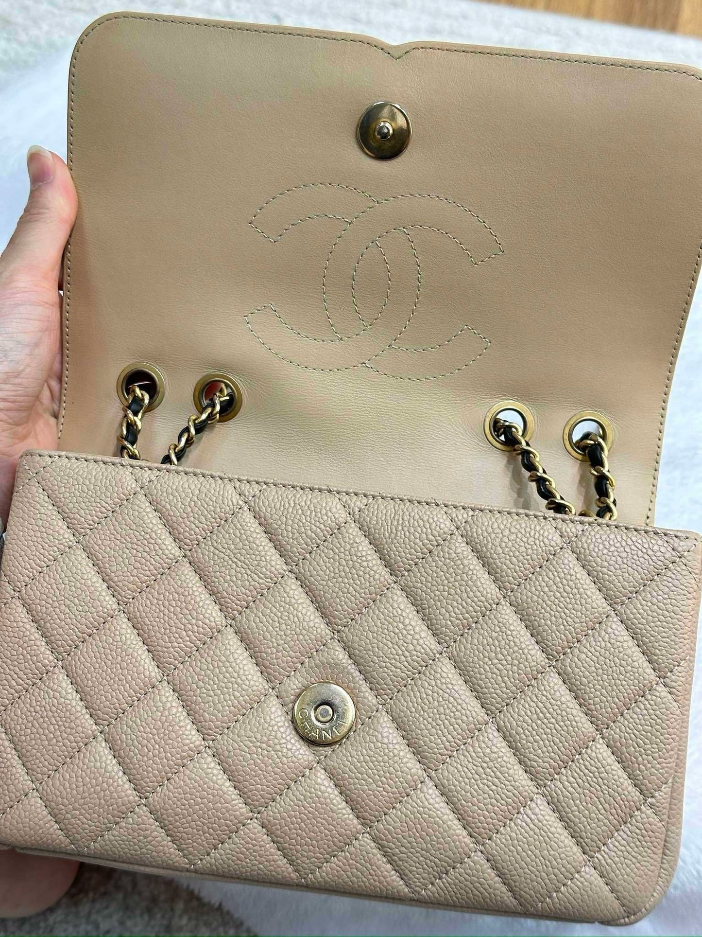 Chanel Small Caviar Quilted CC Filigree Flap Beige Black GHW