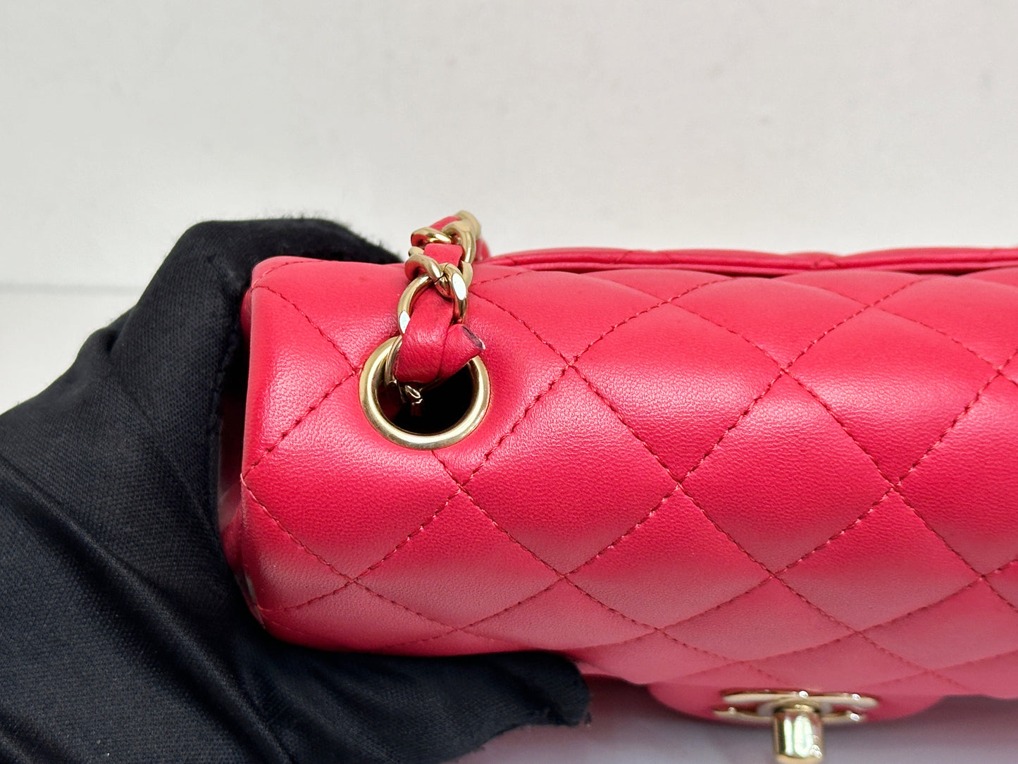 CHANEL Lambskin Quilted Mini Rectangular Flap Red 2491 holo card