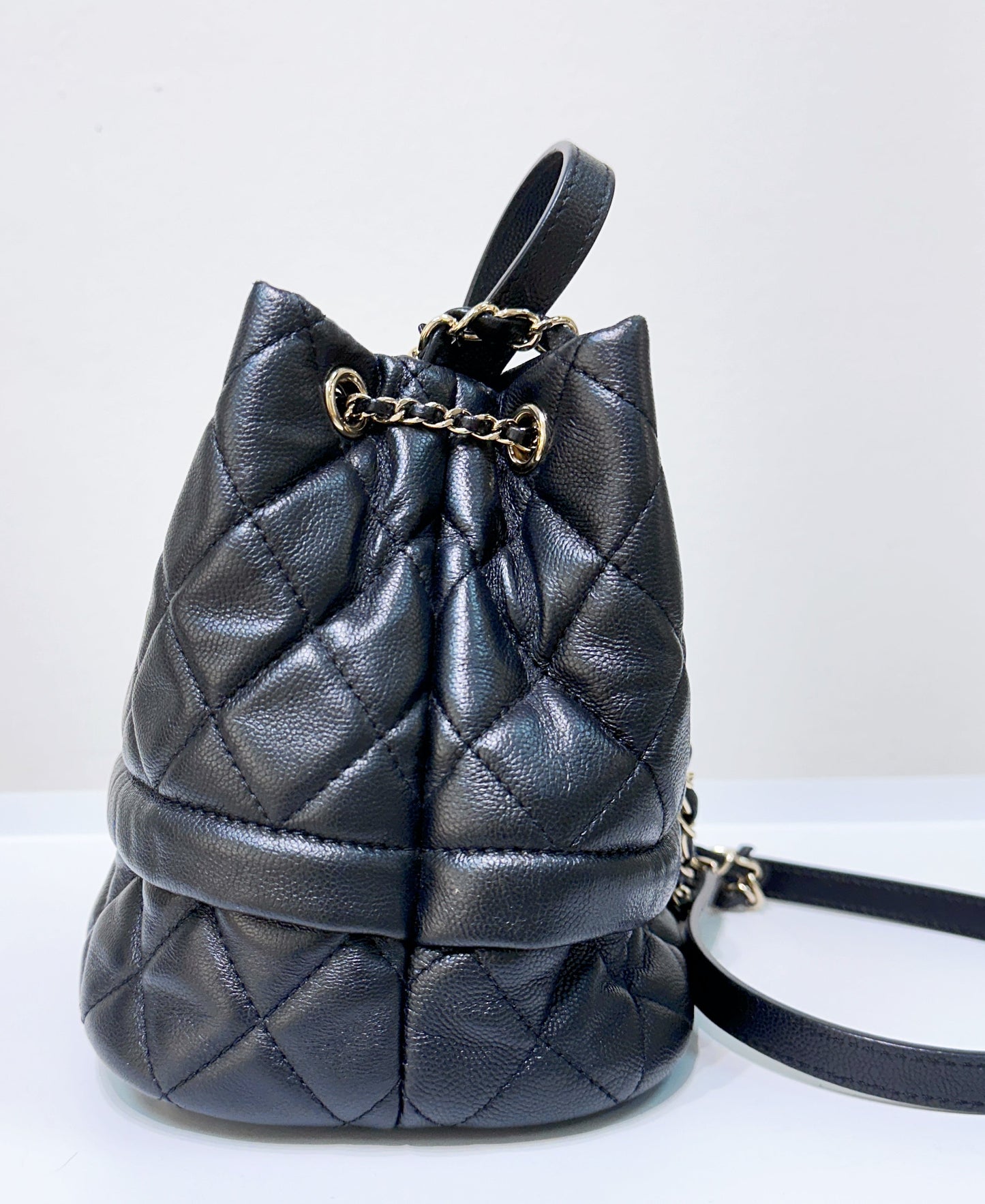 CHANEL Caviar Quilted Rolled Up Bucket Drawstring Bag Black