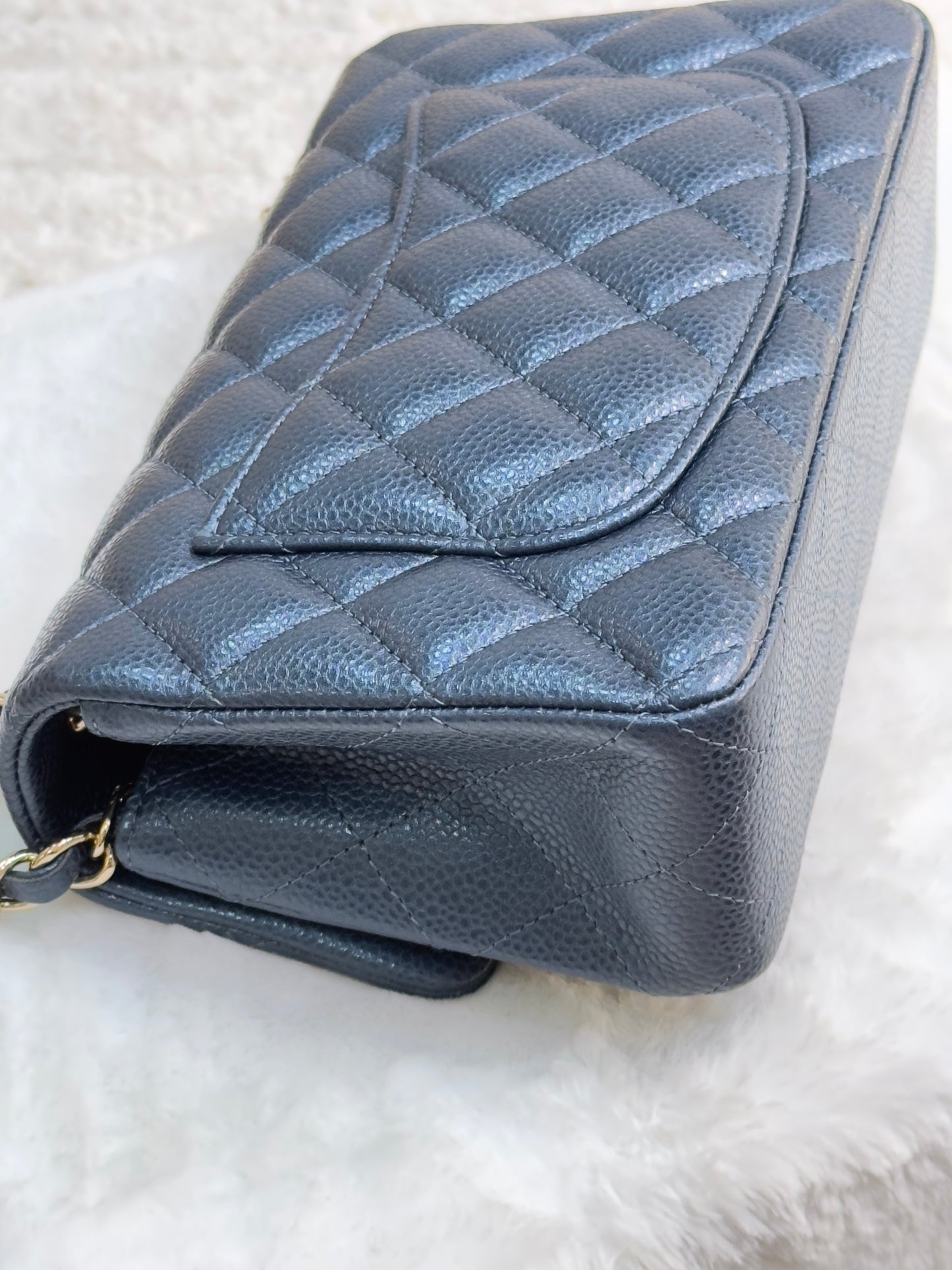 CHANEL Pearly Caviar Quilted Mini Rectangular Flap Navy Blue 18S
