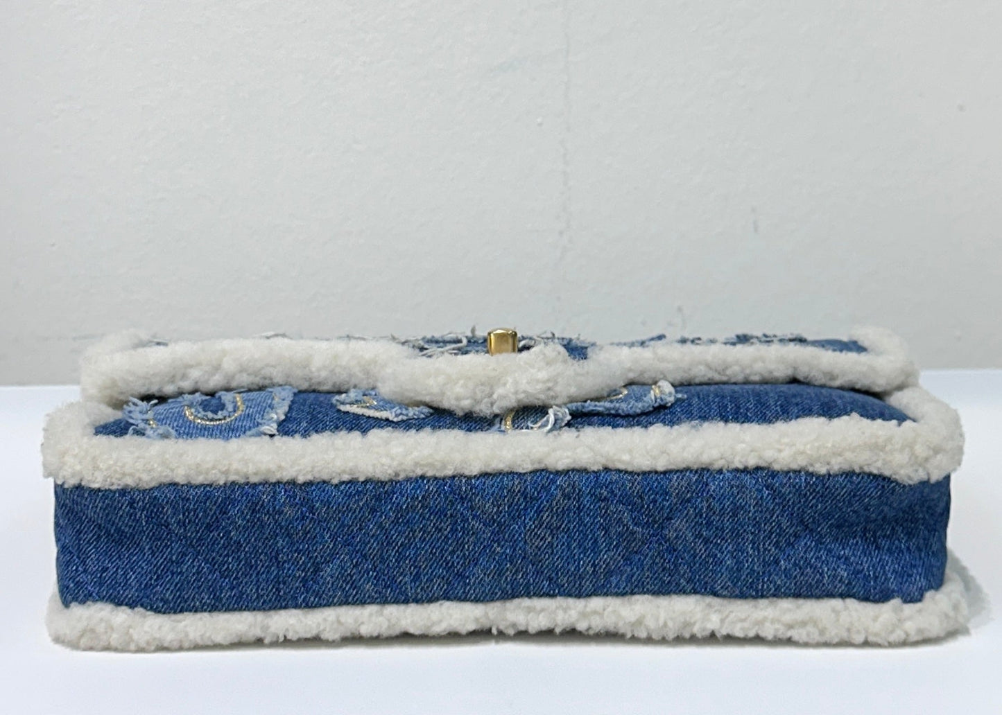 CHANEL Denim Shearling Hieroglyph Flap Blue