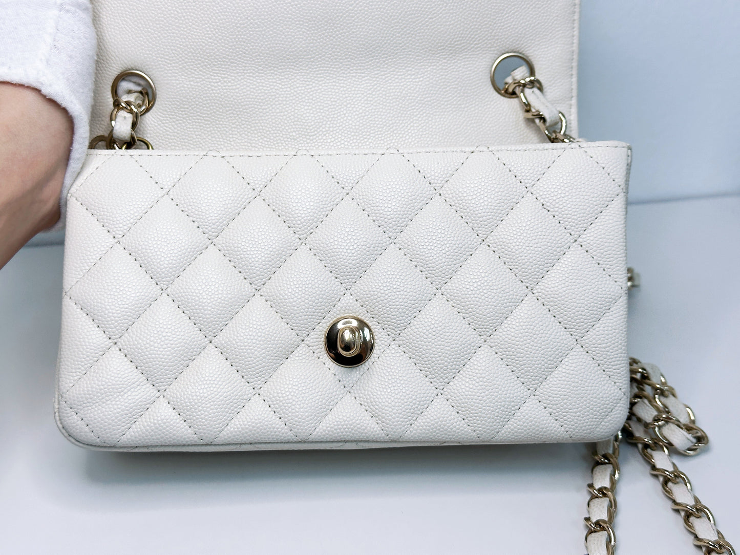 Chanel Mini Rectangular Caviar Classic White GHW 2382 holo card