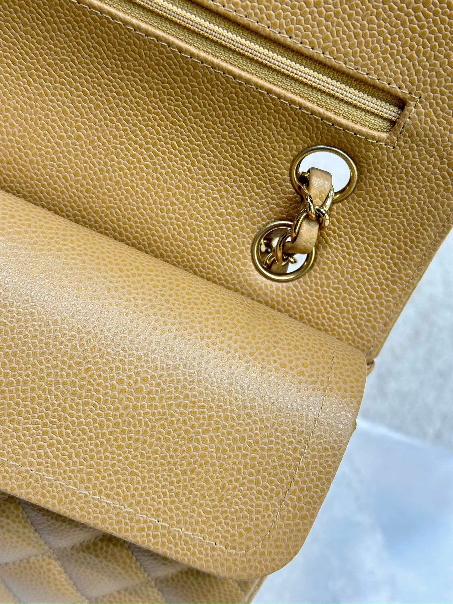 Chanel Medium Caviar Quilted Double Flap Beige Bag 866 Holo