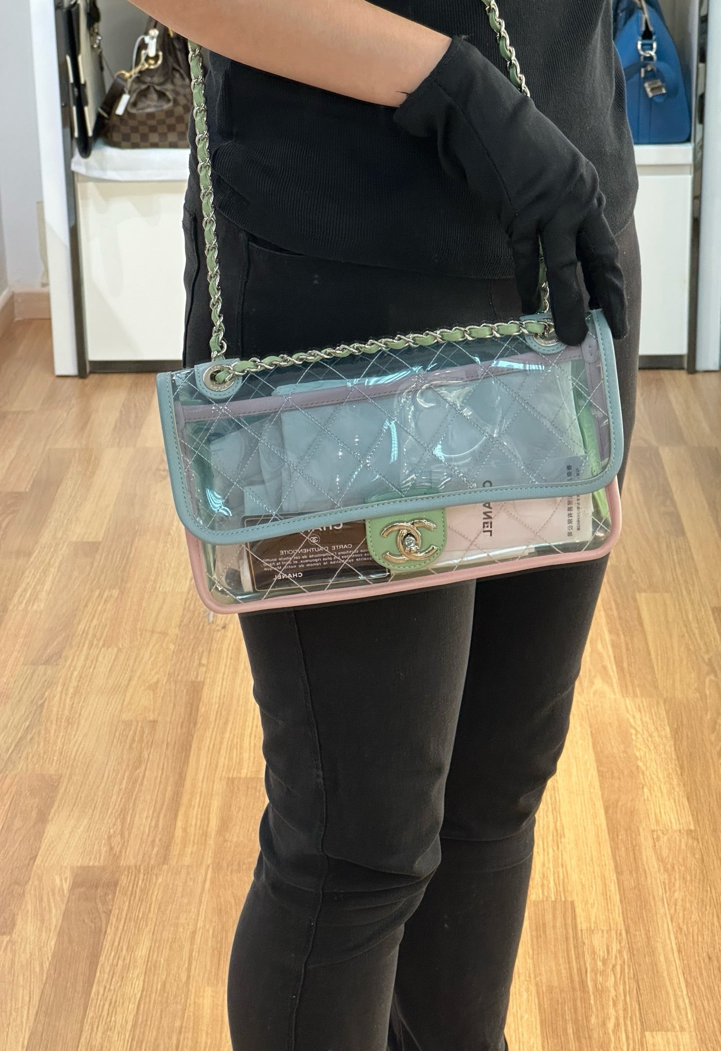 Chanel Coco Splash PVC Medium Flap Bag Pink/Blue/Green Holo card 2569