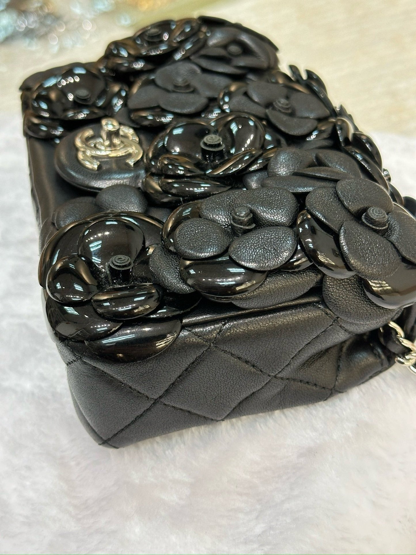 Chanel Mini Limited Edition Black Camellia Lambskin Flap Bag