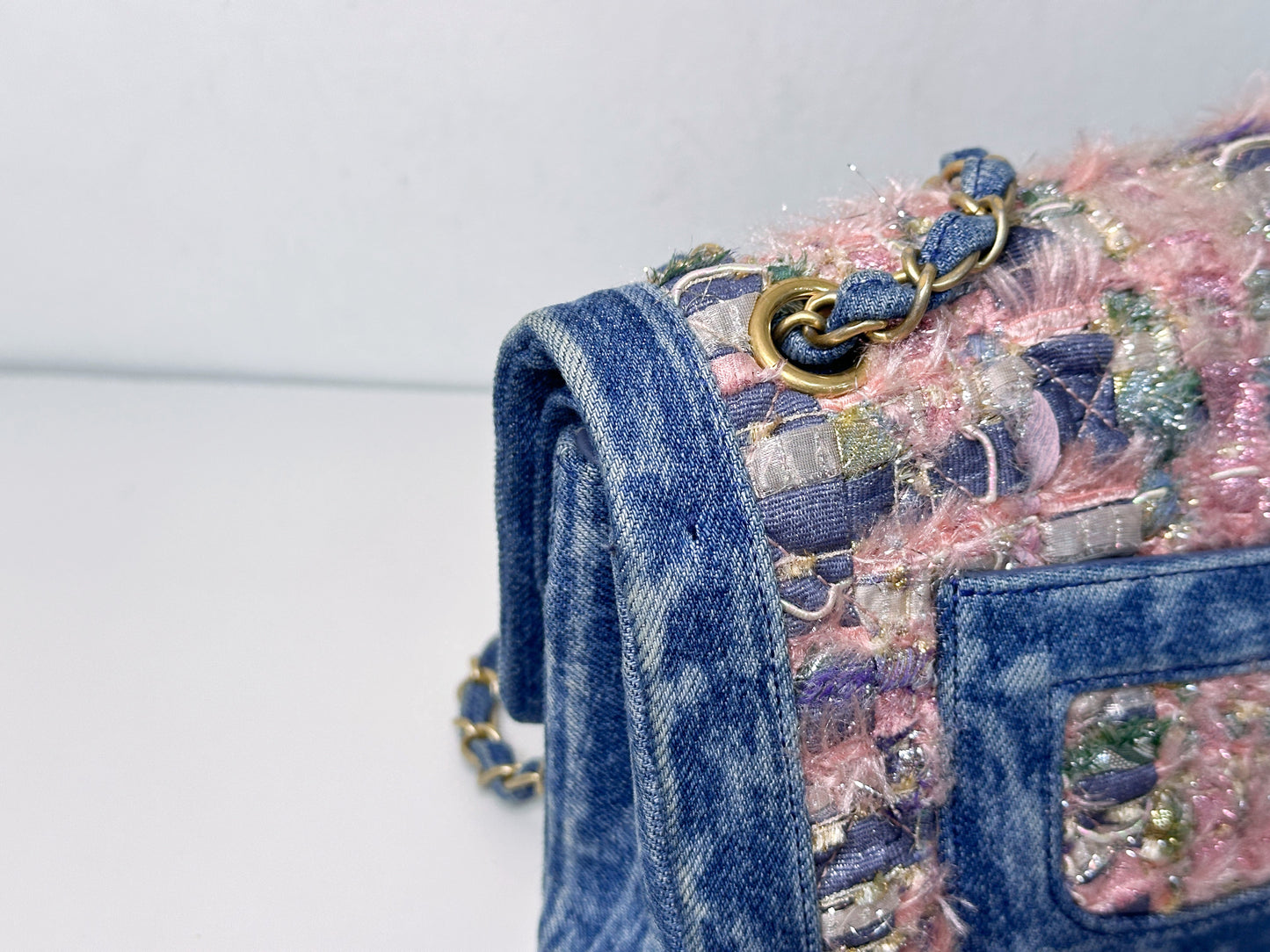 Chanel Pink, Silver, and Gold Tweed and Denim Medium Classic Double Flap Gold Hardware, 2016