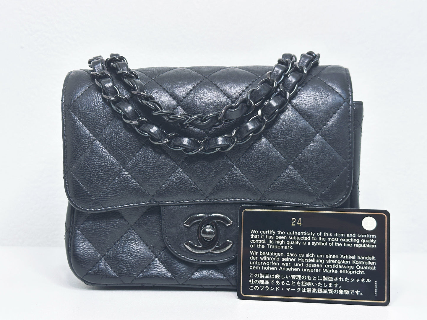 Chanel Quilted Mini Square Flap So Black Crumpled Calfskin 2417 holo card