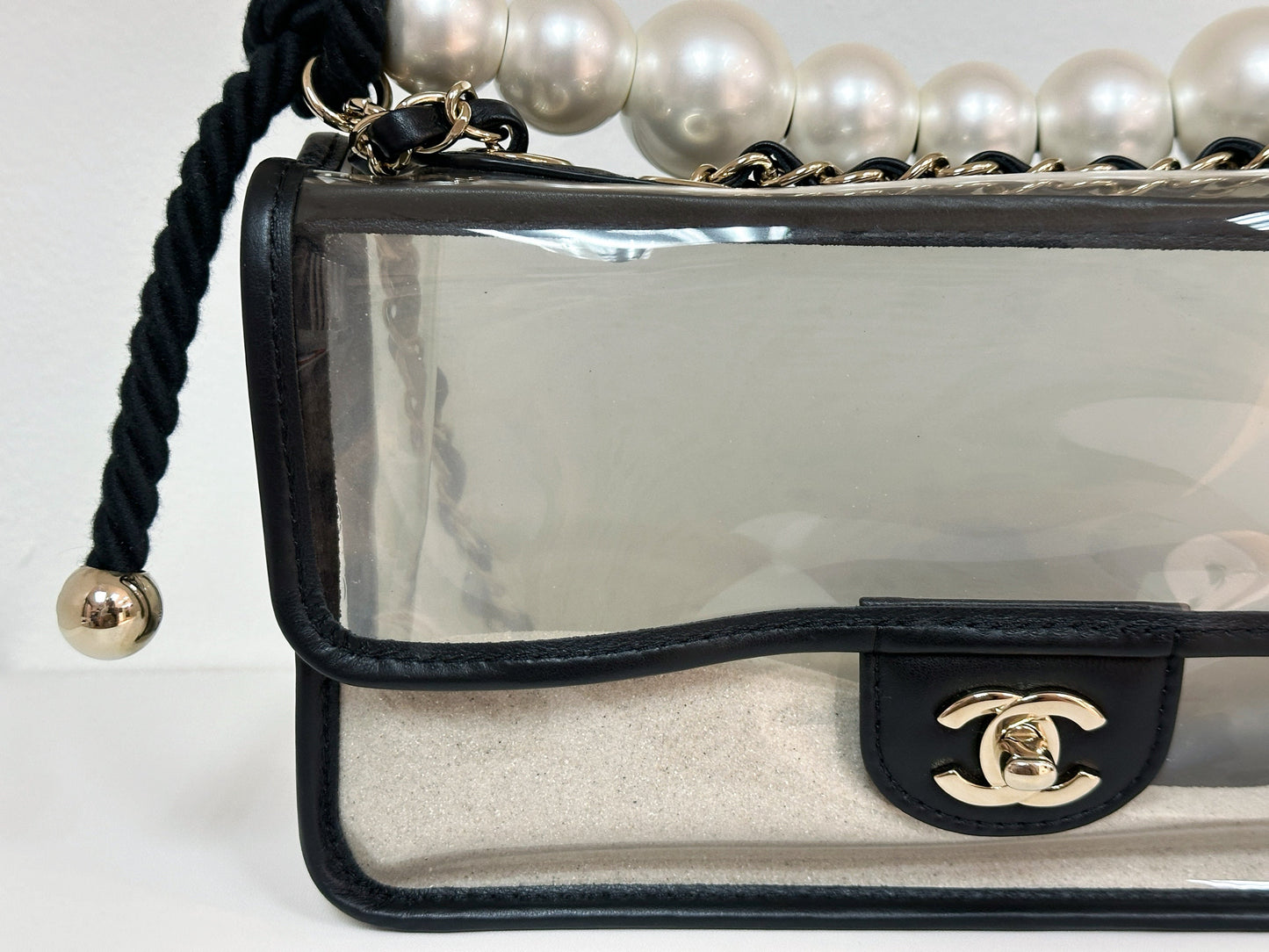 Chanel Medium Lambskin CoCo Sand PVC Sand By The Sea Flap With Pearl Strap Black 2745 holo card