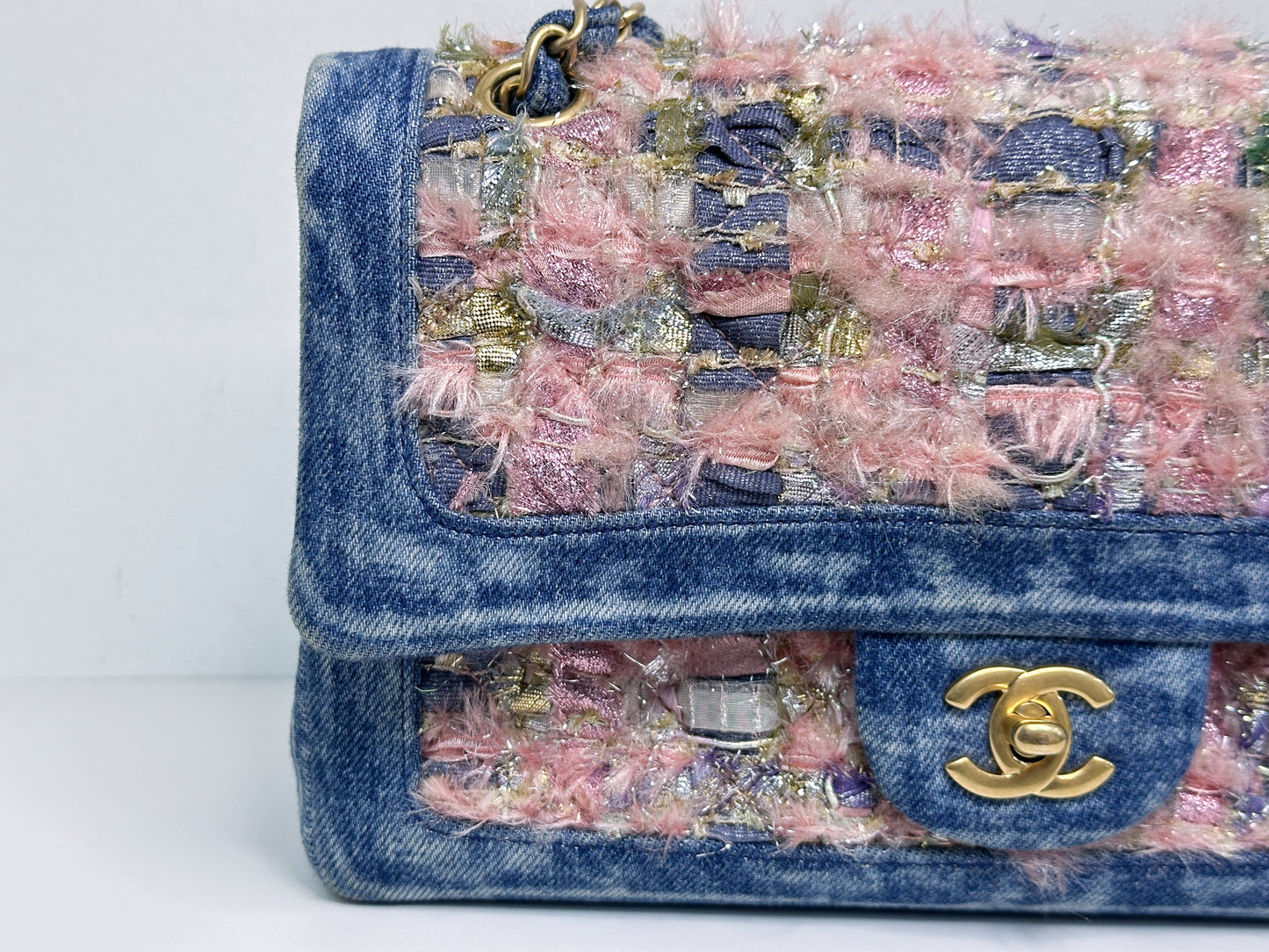 Chanel Pink, Silver, and Gold Tweed and Denim Medium Classic Double Flap Gold Hardware, 2016