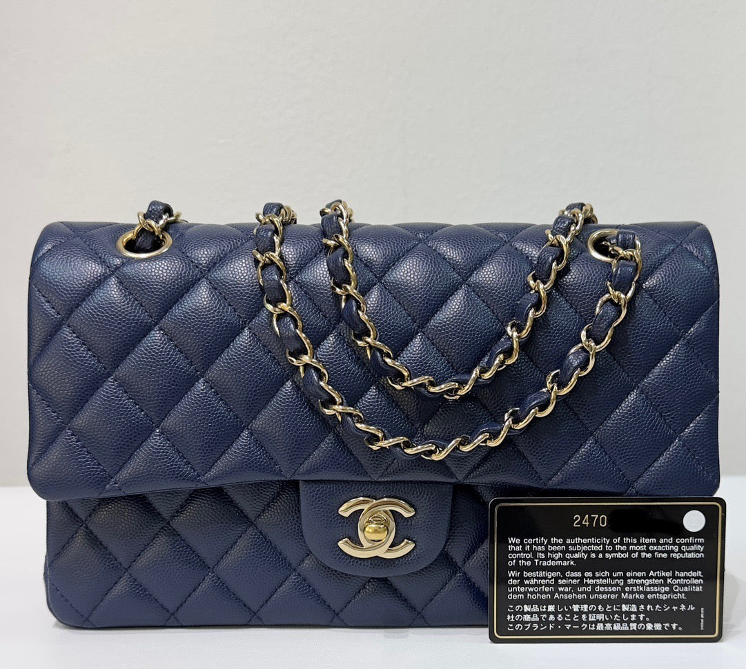 Chanel Medium Classic Caviar Double Flap Navy Blue Bag LGHW