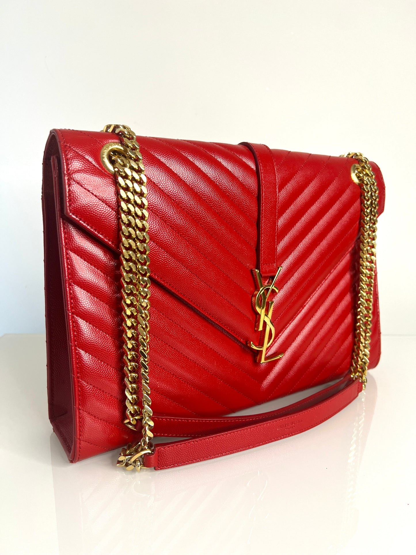 Saint Laurent YSL Pre-Loved Large Envelope Red Chevron Quilted Leather Shoulder Bag