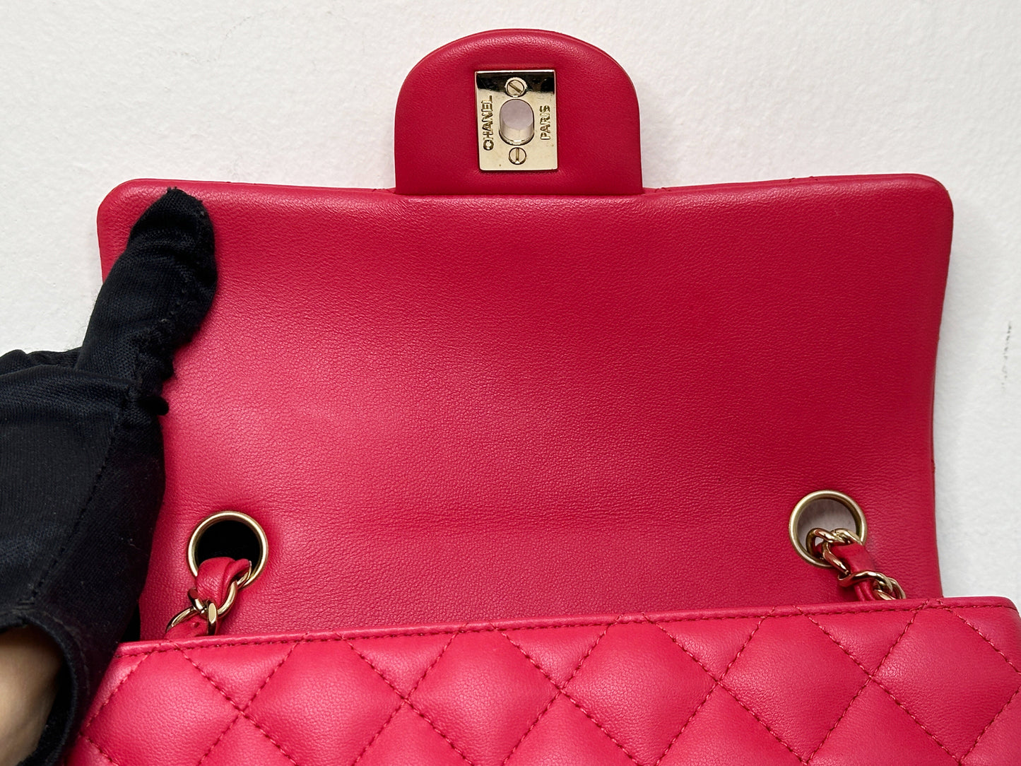 CHANEL Lambskin Quilted Mini Rectangular Flap Red 2491 holo card