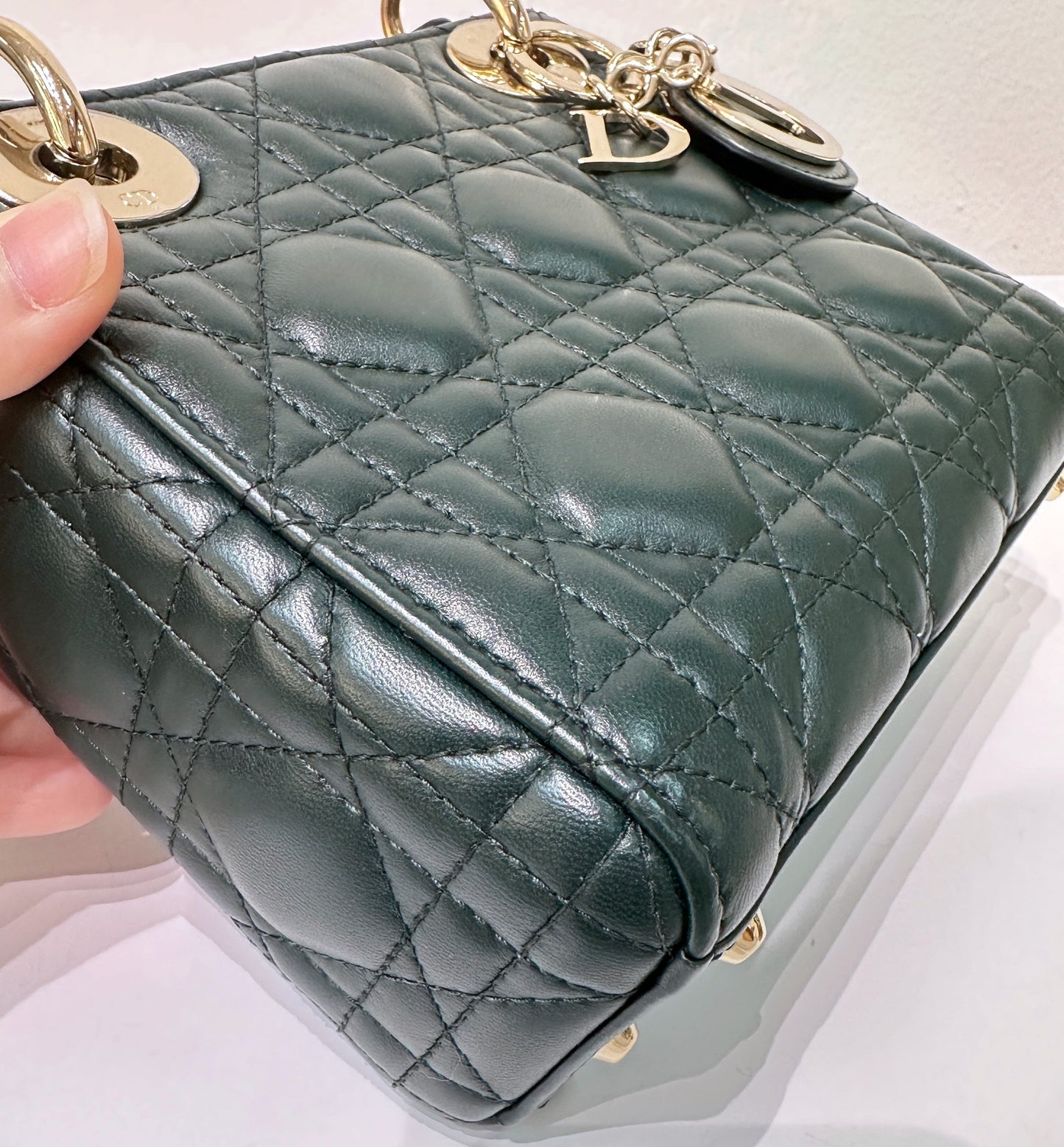 CHRISTIAN DIOR Lambskin Cannage Mini Lady Dior Dark Green