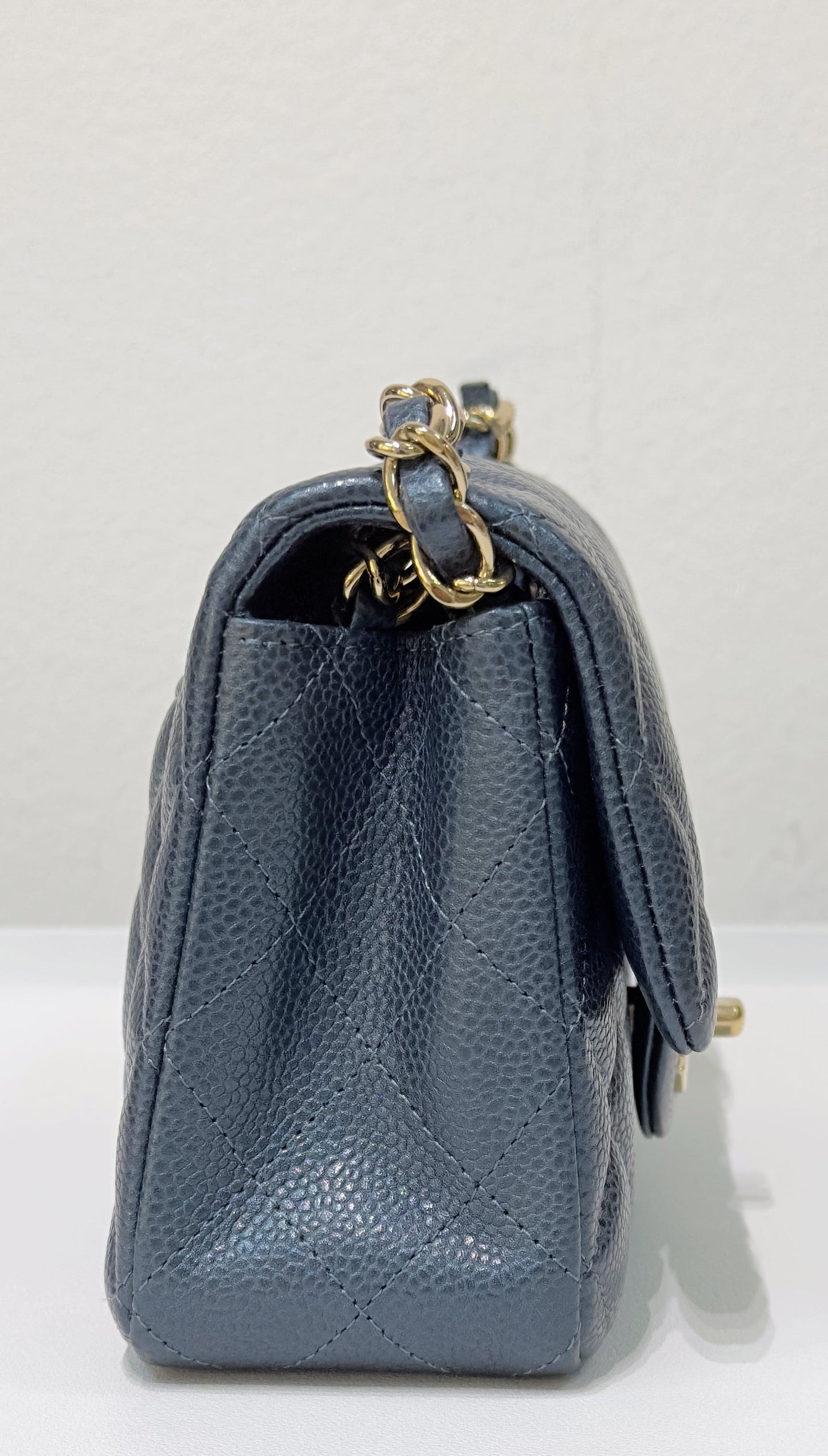 CHANEL Pearly Caviar Quilted Mini Rectangular Flap Navy Blue 18S