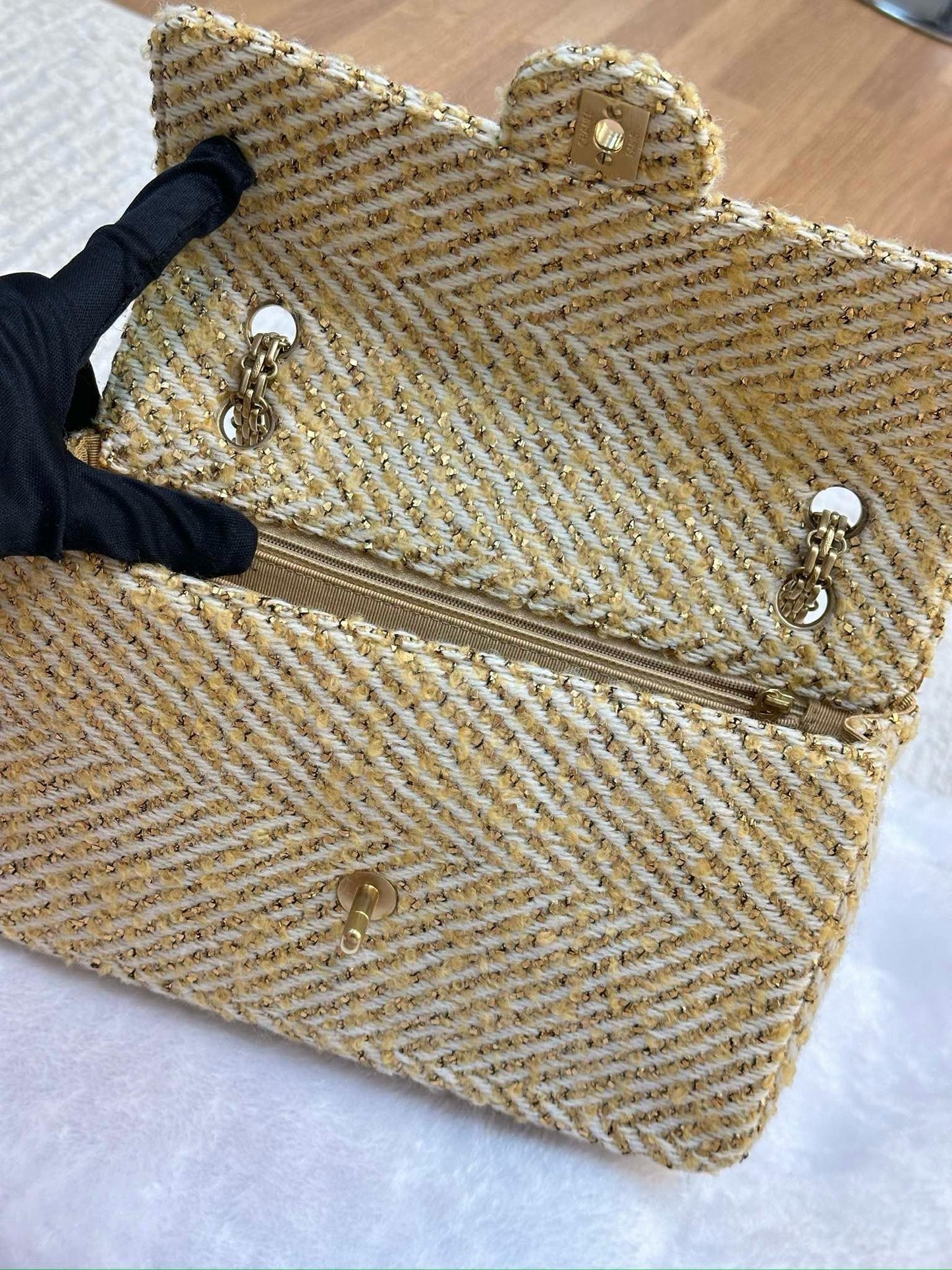 Chanel Medium Gold Tweed Single Flap Bag