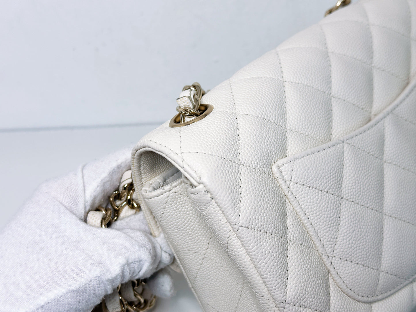 Chanel Mini Rectangular Caviar Classic White GHW 2382 holo card