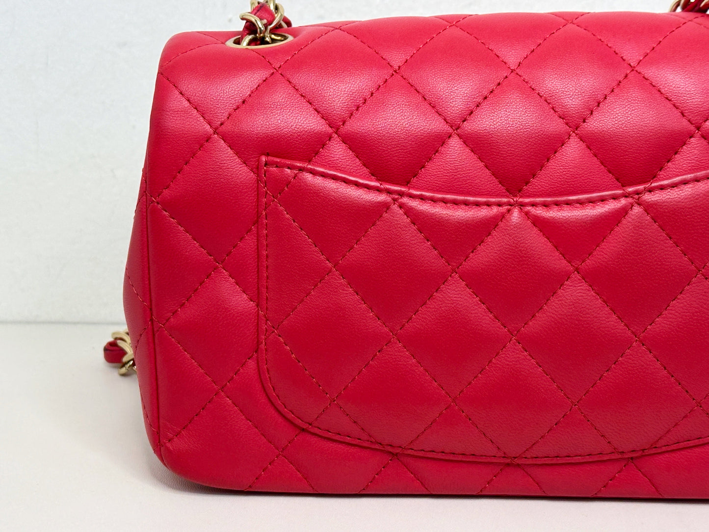 CHANEL Lambskin Quilted Mini Rectangular Flap Red 2491 holo card