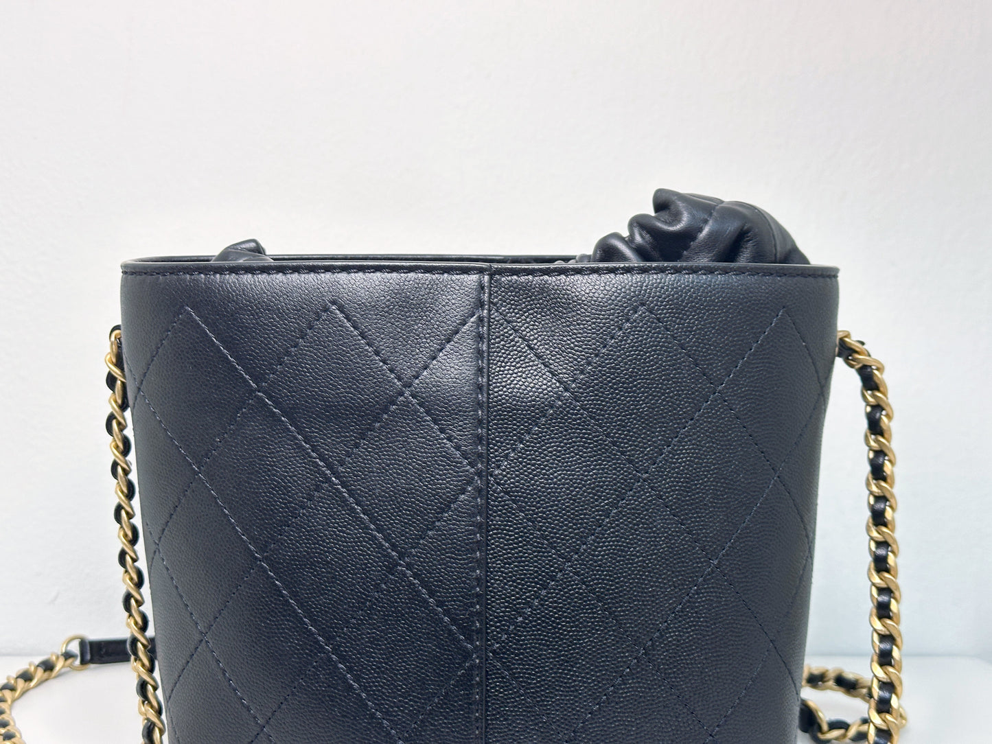 Chanel Drawstring Bucket Bag Quilted Black Caviar Aged Gold Hardware 3088 holo card