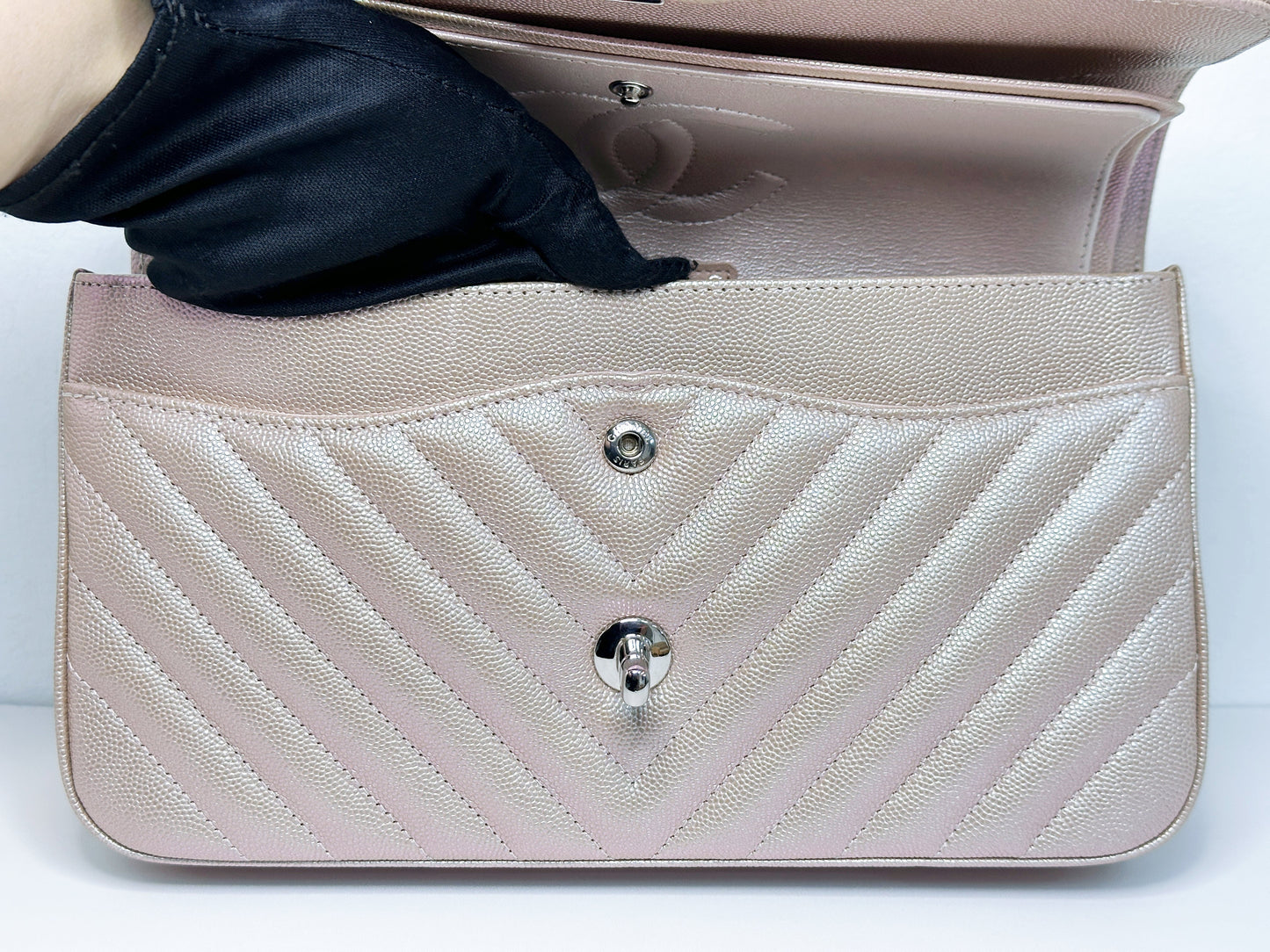 Chanel Medium Classic Chevron Caviar Double Flap Rose Gold SHW 24769 holo card