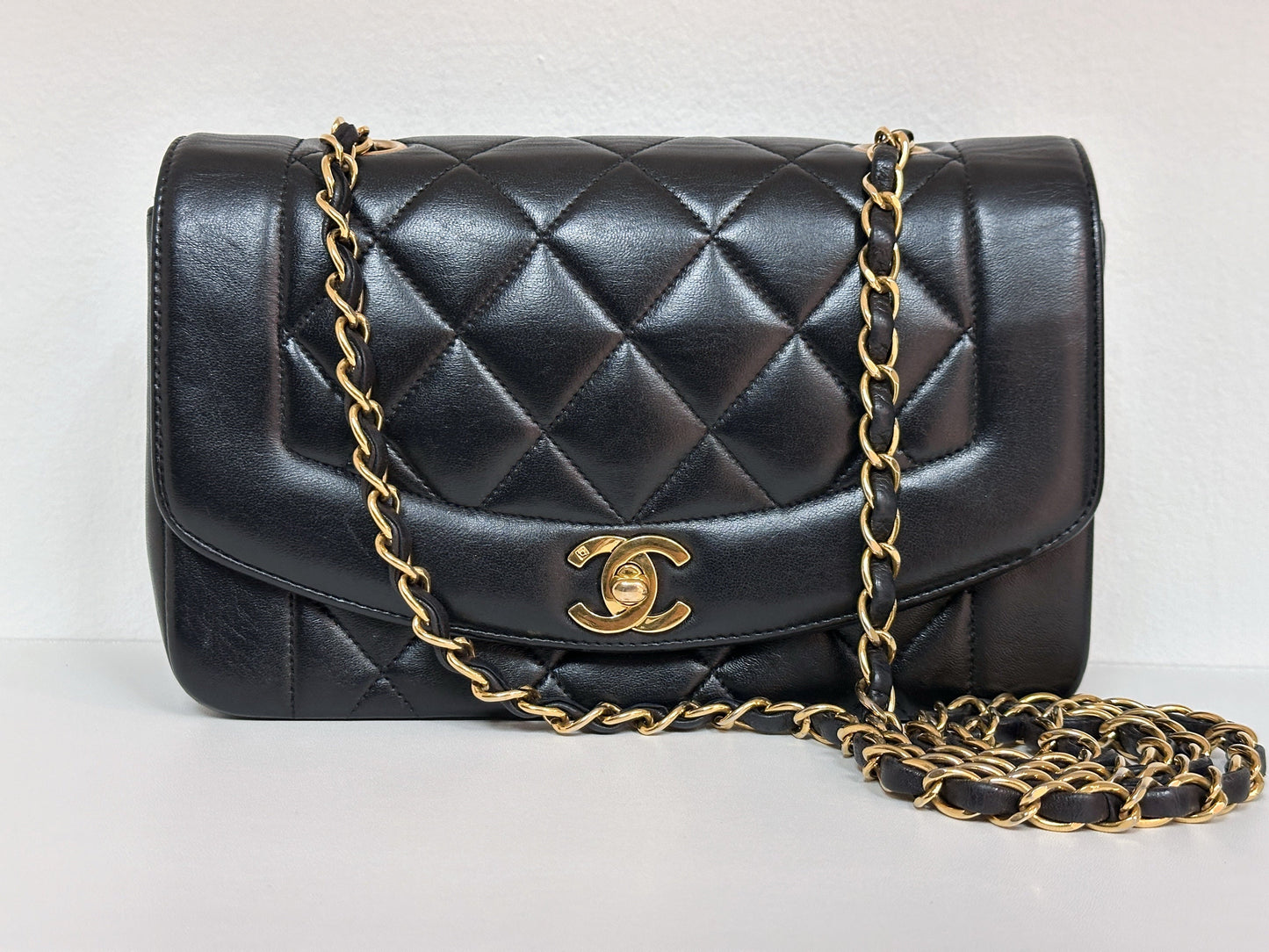Chanel Small Vintage Diana Lambskin Should Flap Bag Black 3541 holo card