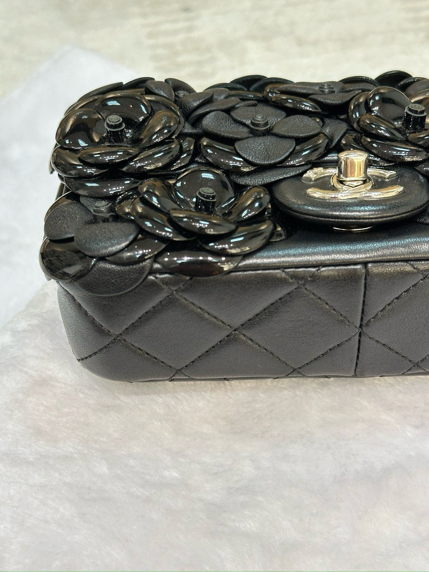 Chanel Mini Limited Edition Black Camellia Lambskin Flap Bag